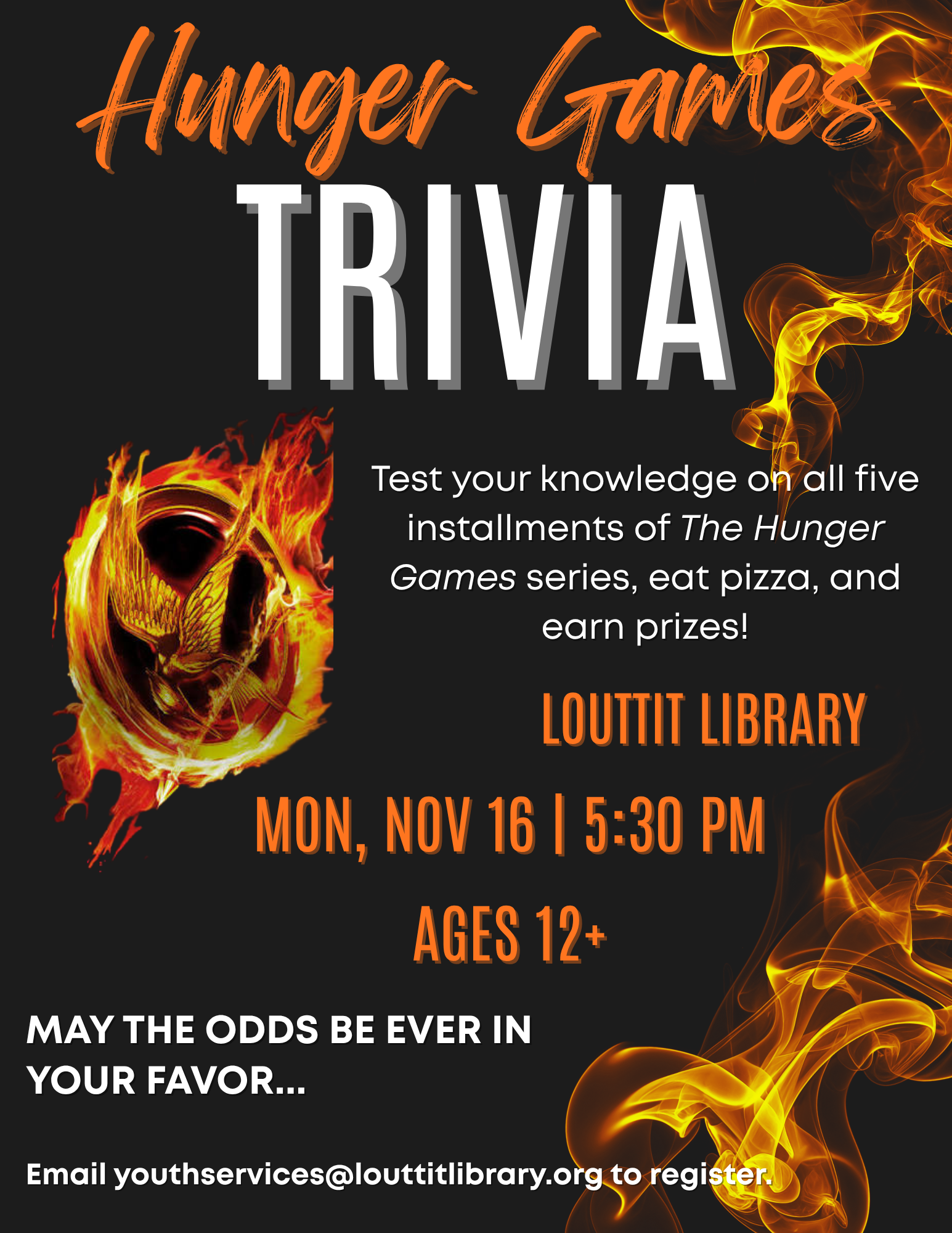 Hunger Games Trivia flier, mockingjay and flames