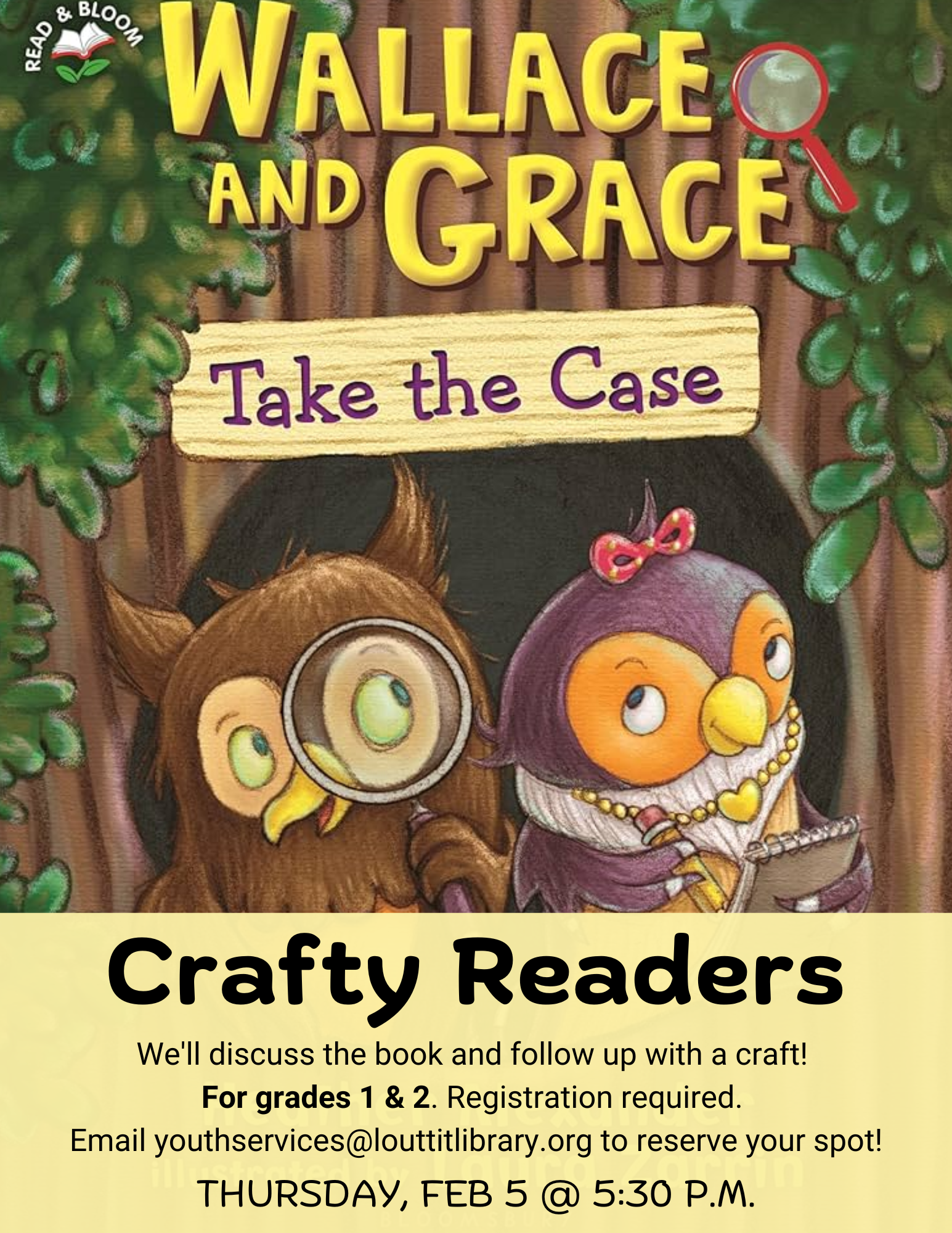 Flier advertising the Crafty Readers book club with a photo the pick for the next meeting: "Wallace and Grace Take the Case" by Heather Alexander.
