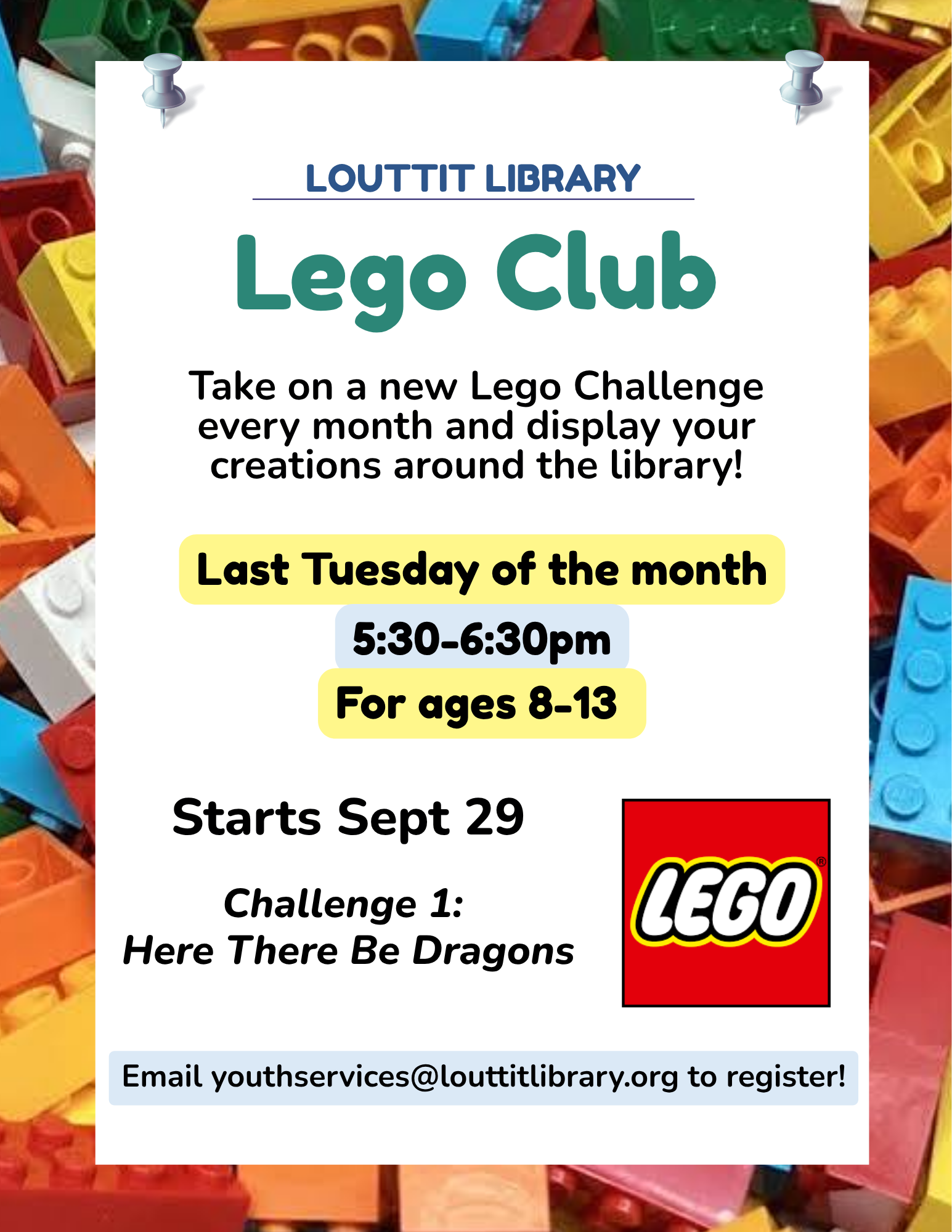 Lego Club flier, images of blocks and red lego logo