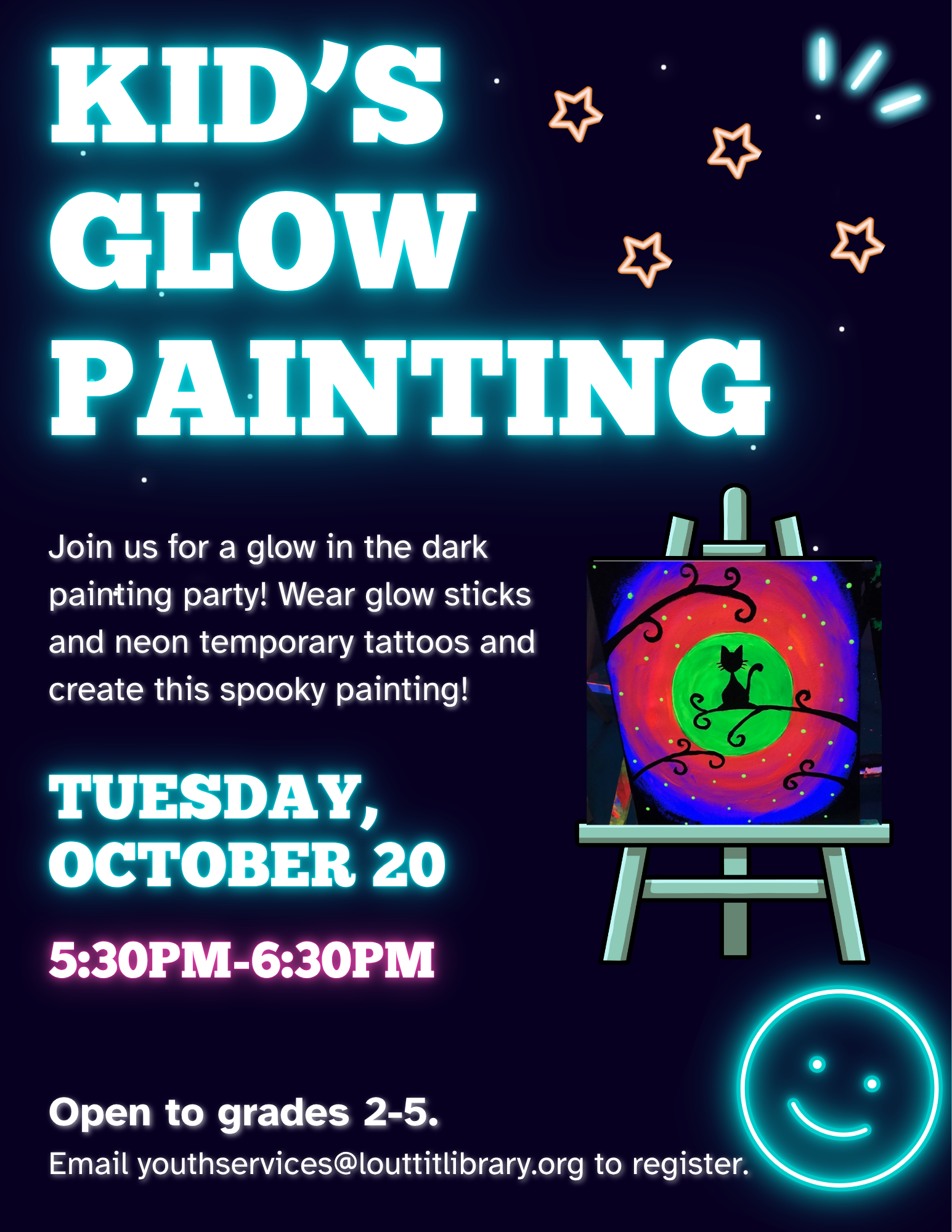 Kid's Glow Painting flier with image of spooky neon cat painting