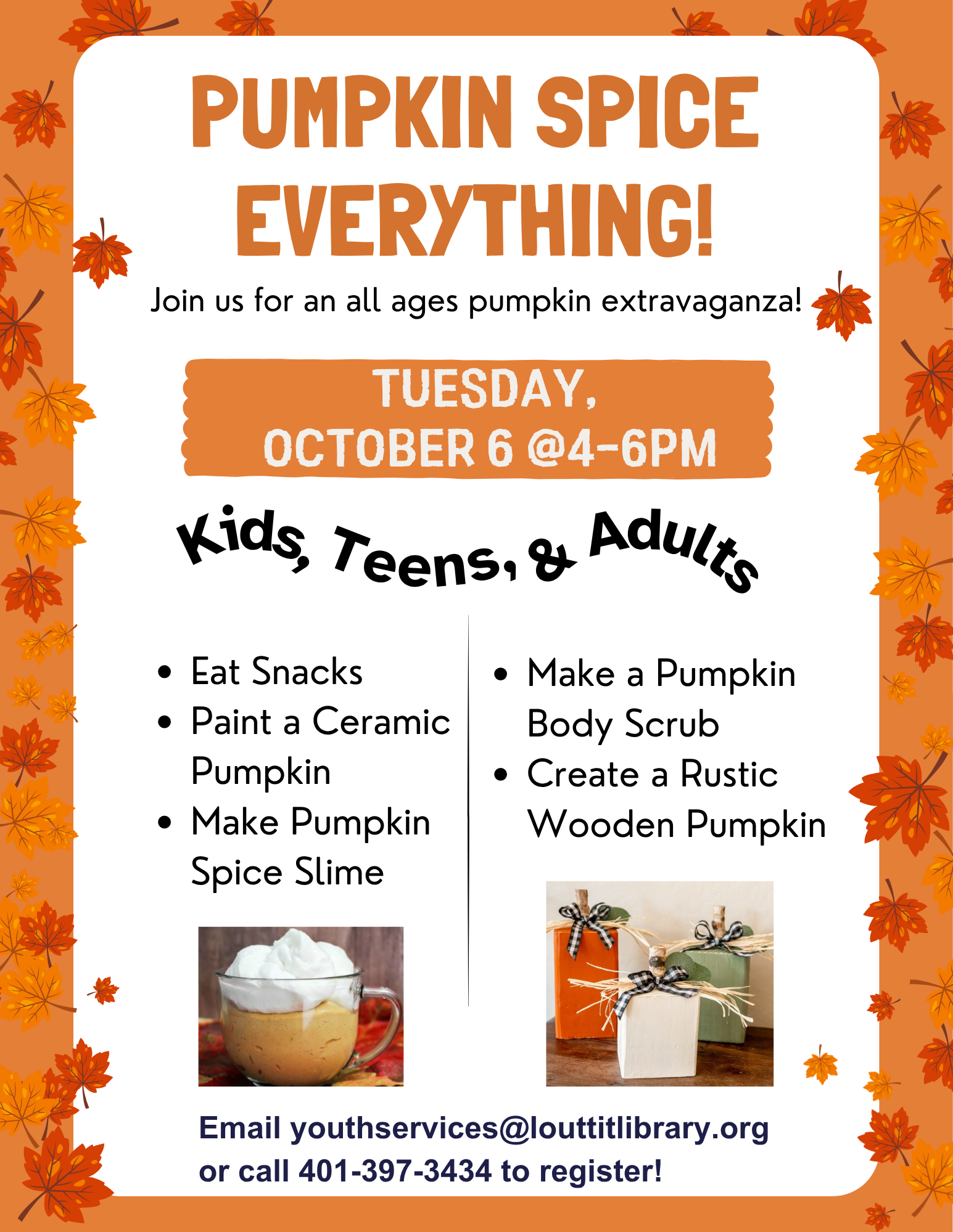 Pumpkin Spice Everything flier, images on pumpkin slime and wooden pumpkins