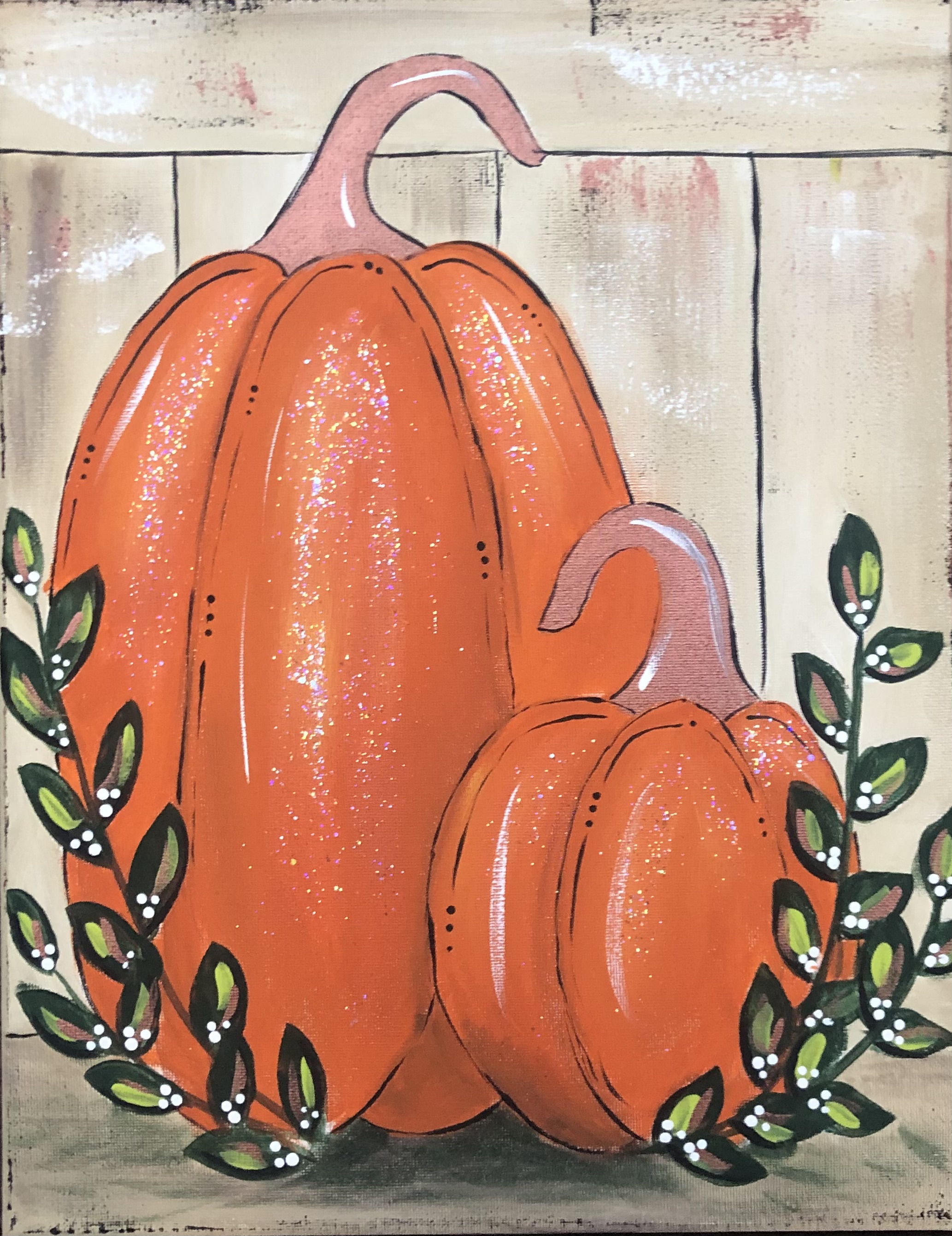 painting of two pumpkins and vines
