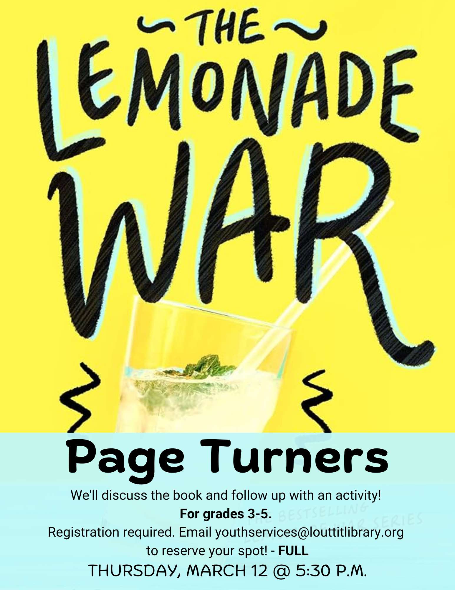 Flier for Page Turners book club with image of The Lemonade War by Jacqueline Davies.