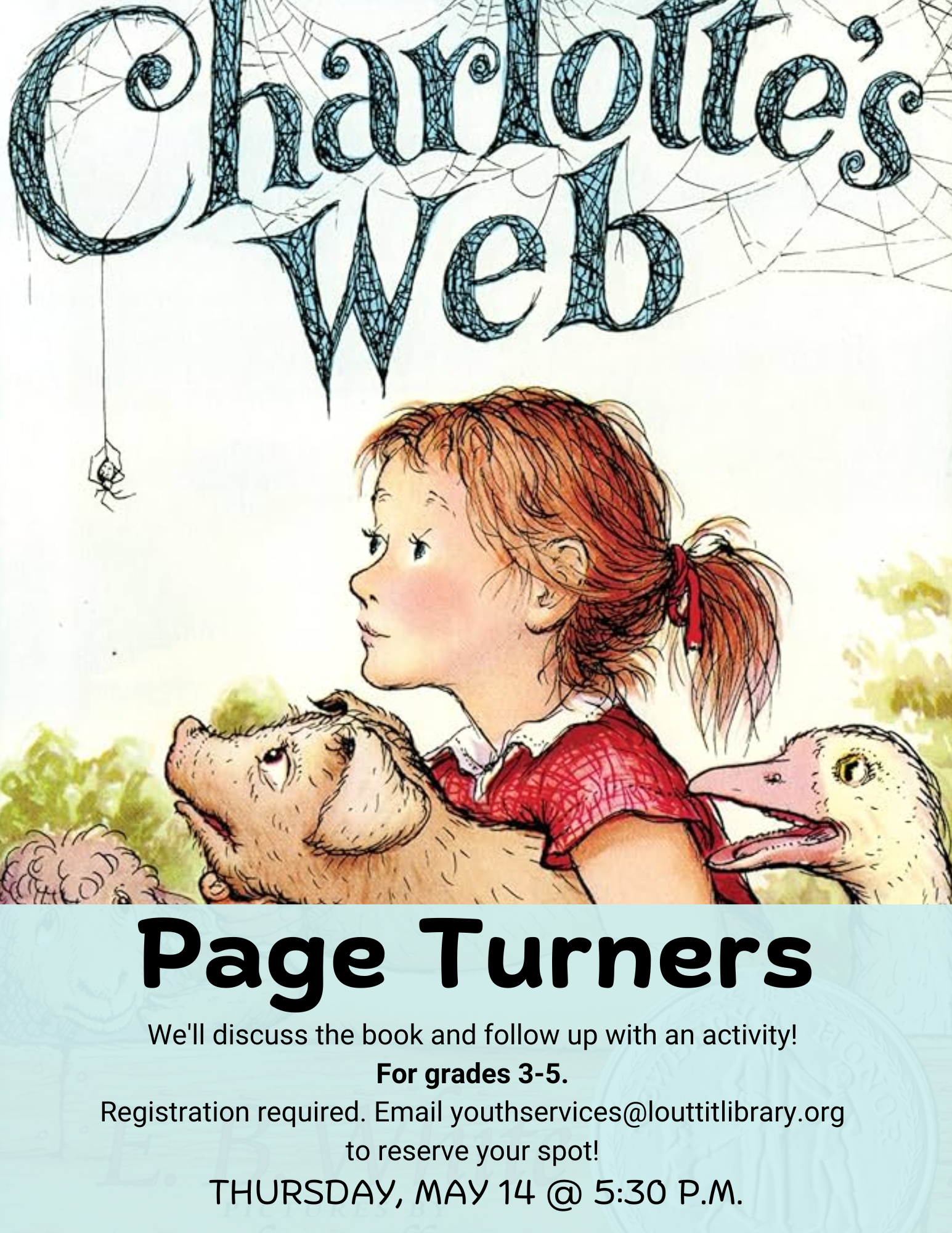 Page Turners flier, Charlotte's Web by E.B. White
