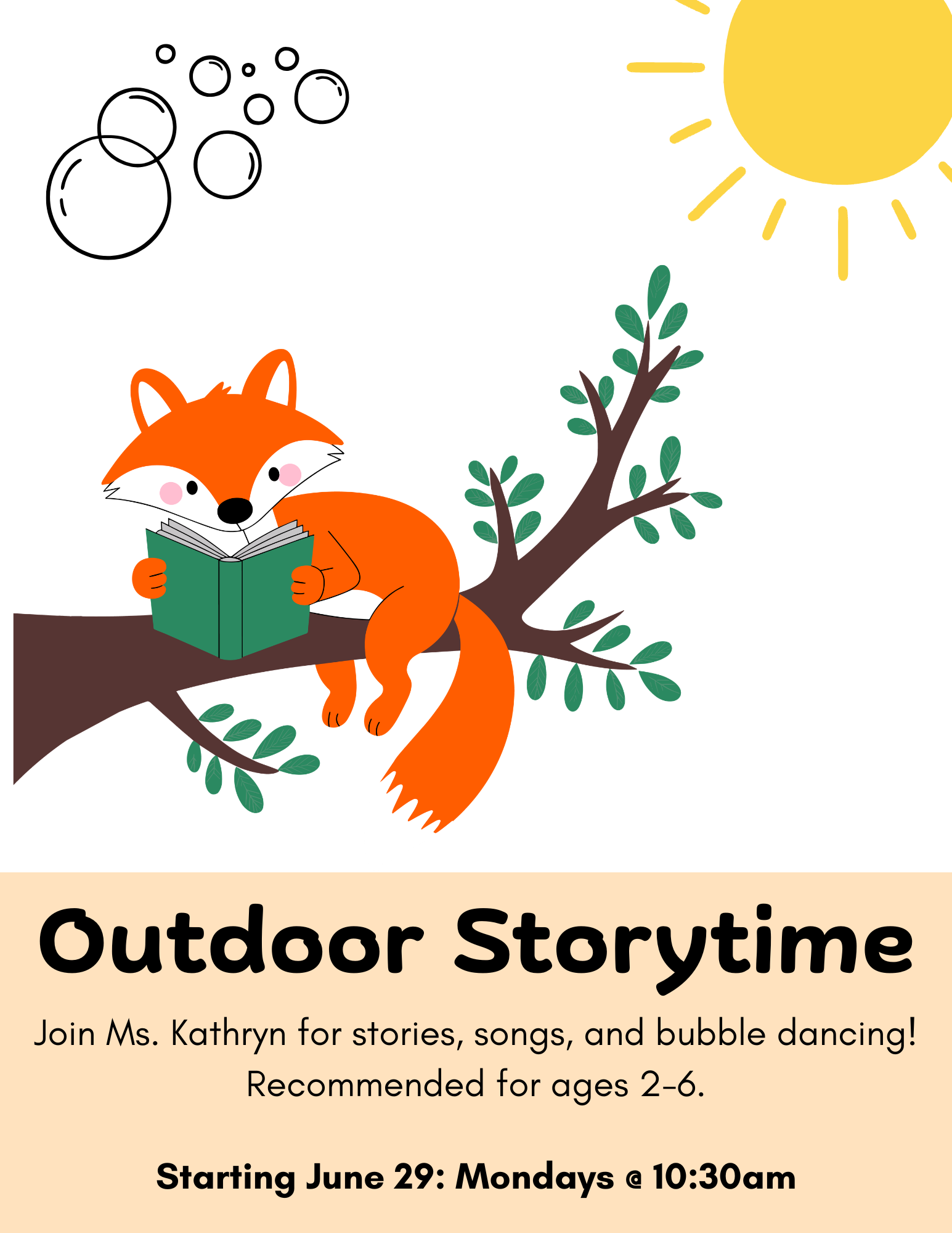 Outdoor Storytime, fox reading in a tree