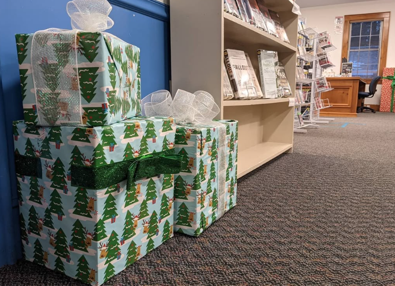 Wrapped presents in library