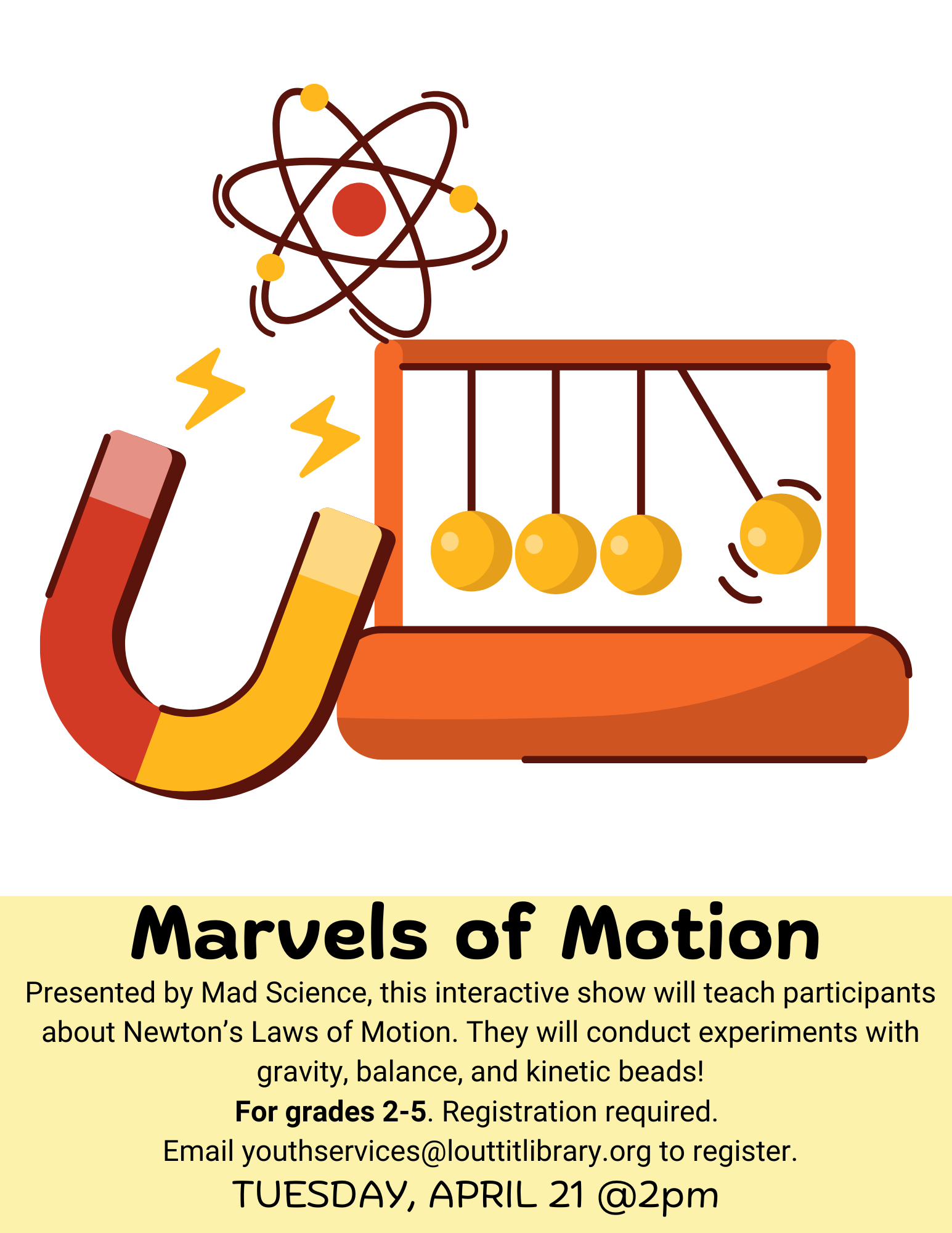 Marvels of Motion flier with images of a magnet and kinetic beads.