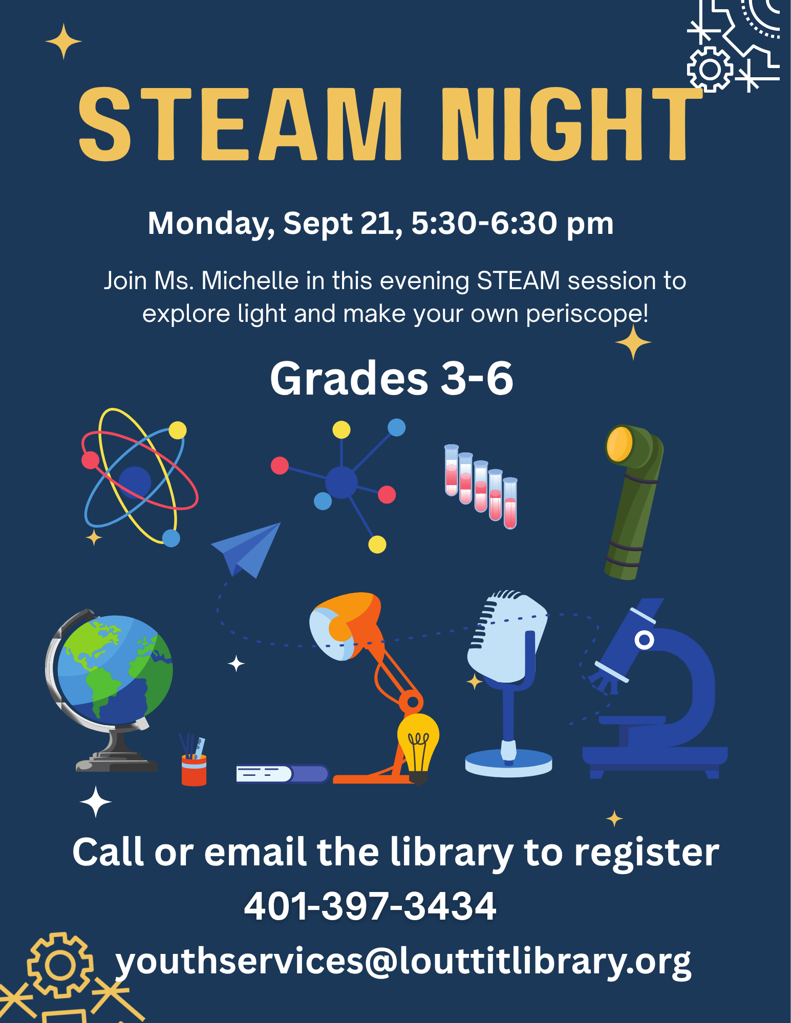 Steam Night flier, images of globe, lightbulb, microscope