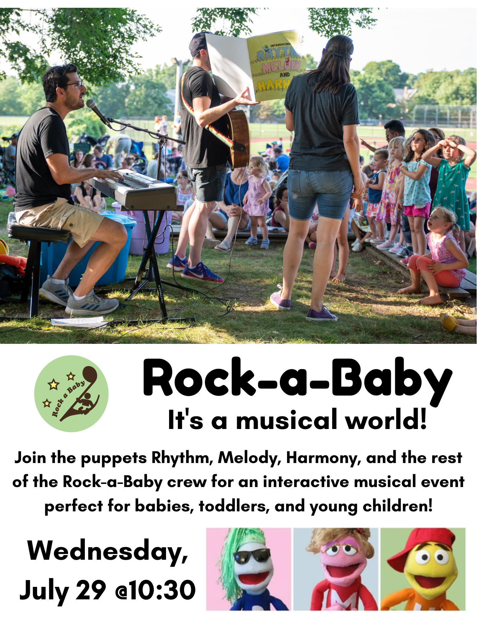 Rock A Baby flier, photo of band and puppets