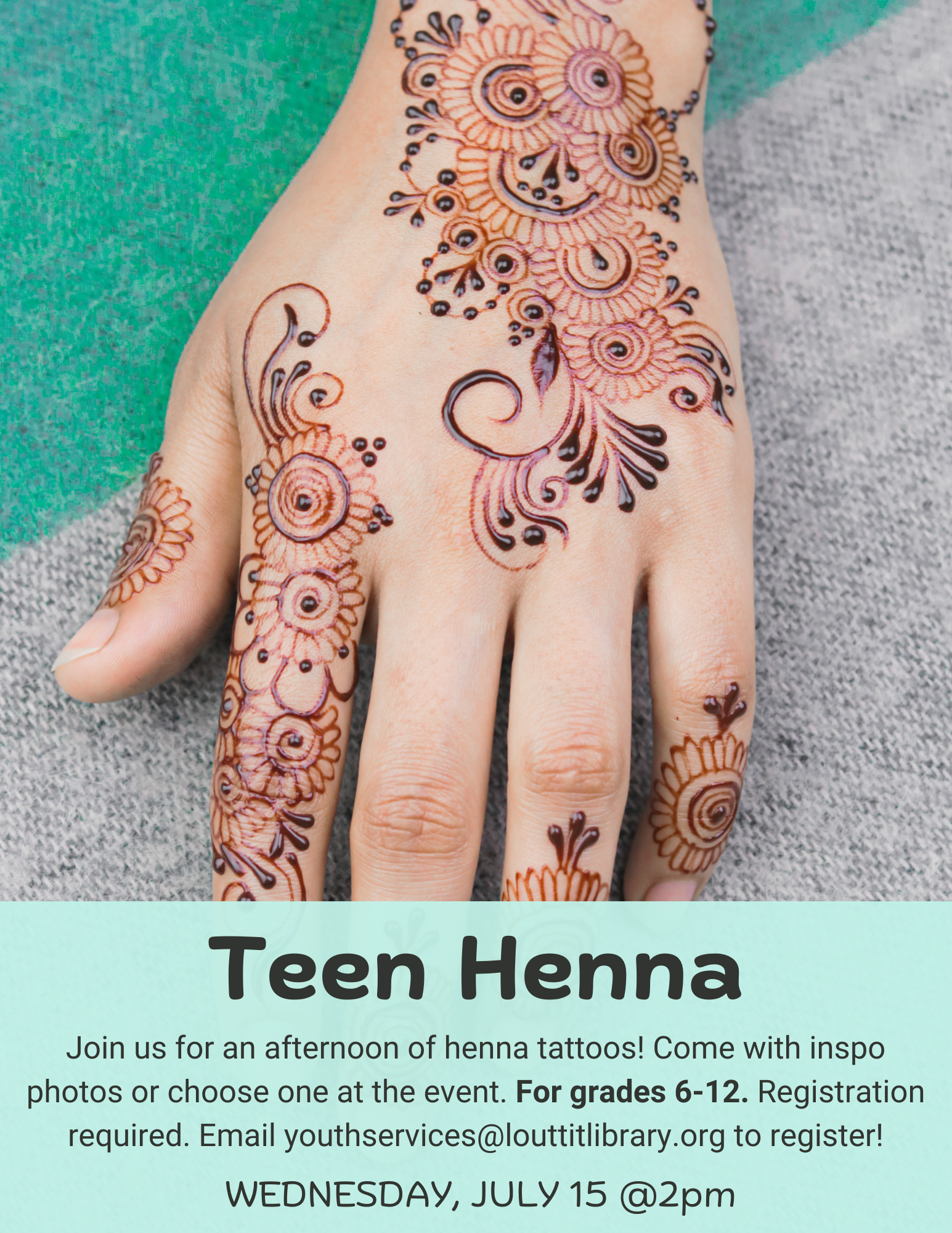 Henna flier with image of henna hand tattoo