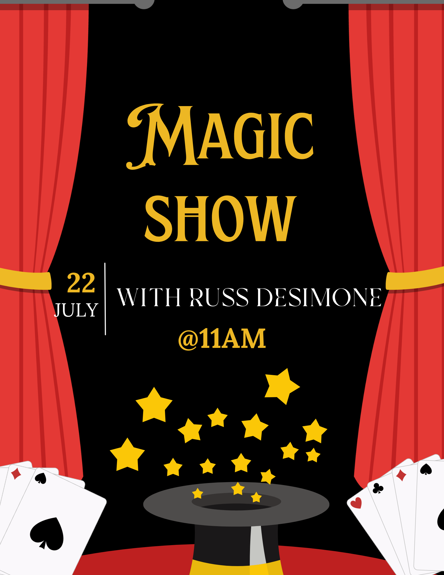 Magic show flier with playing cards and black top hat.