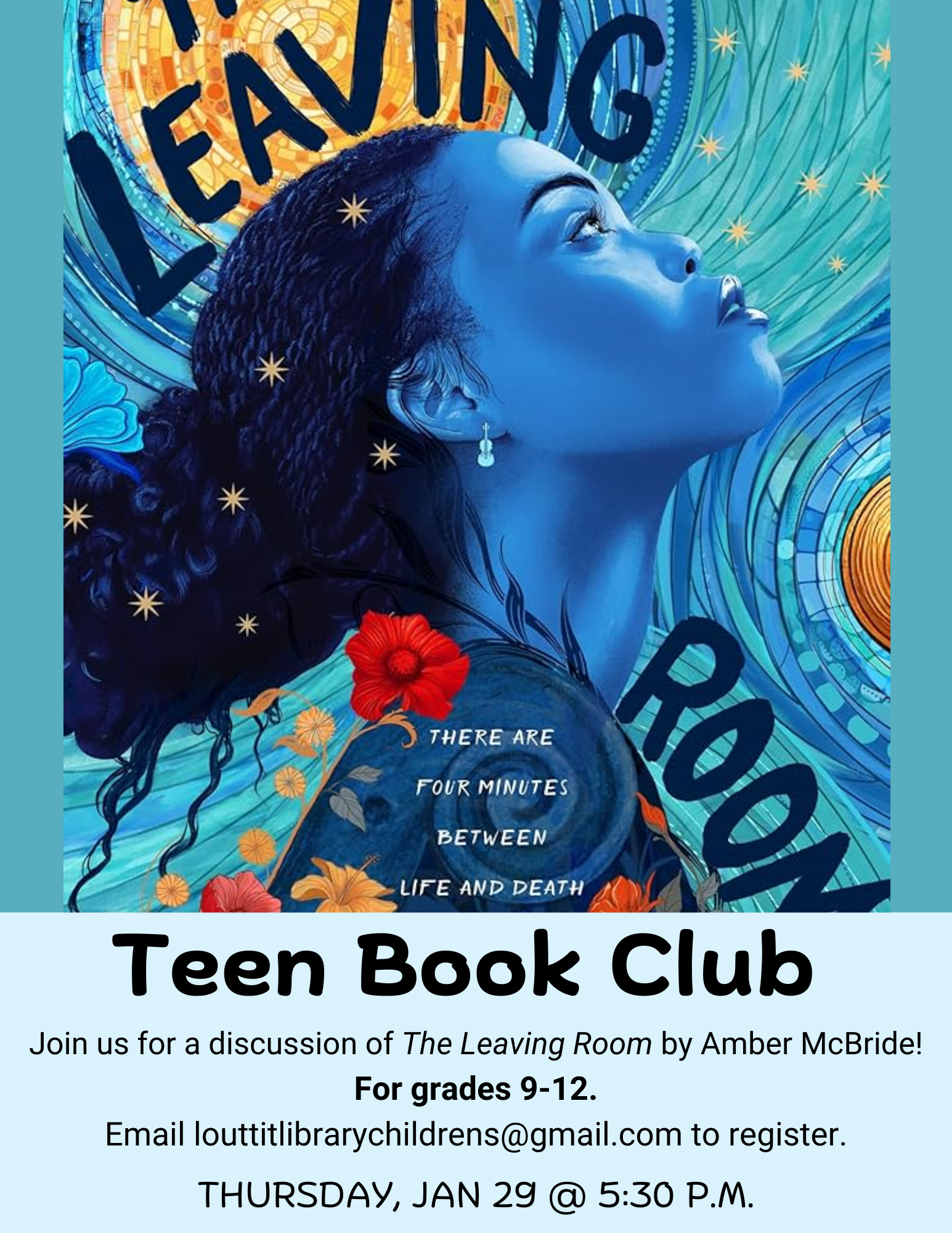 Teen book club flier for our discussion of The Leaving Room by Amber McBride on January 29th at 5:30pm