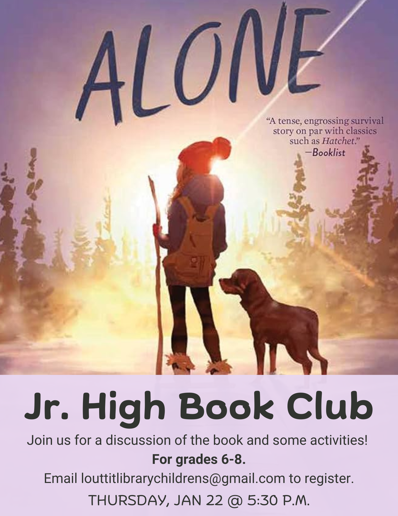Jr. High Book Club flier for our discussion of "Alone" by Megan E. Freeman on January 22.