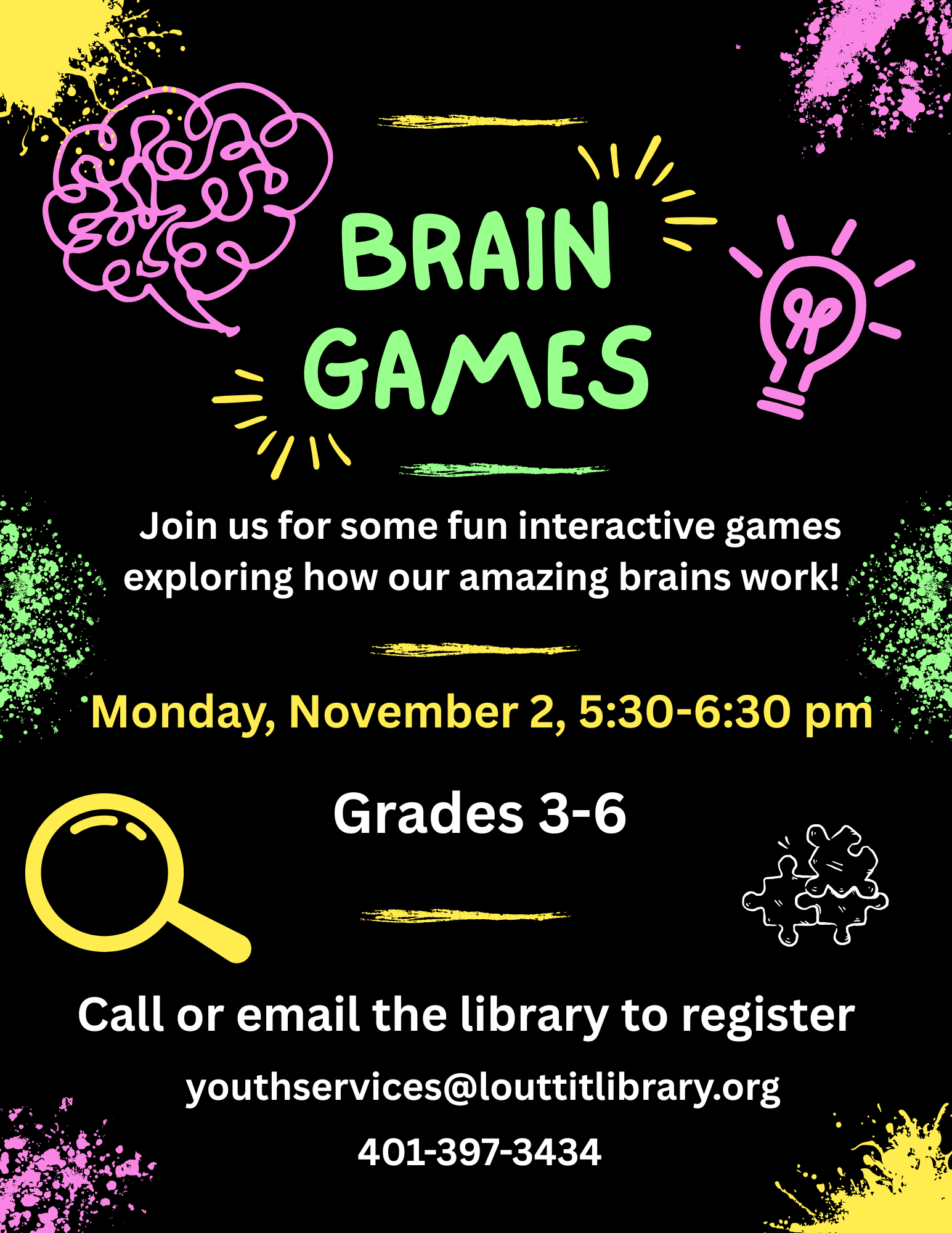 Brain Games flier, neon images of stem symbols