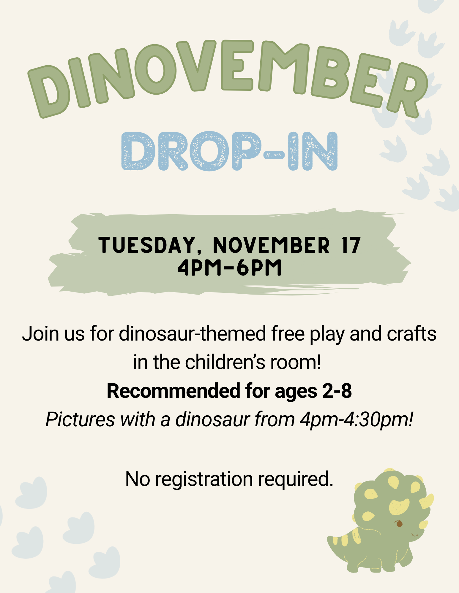 Dinovember Drop-In flier, image of dinosaur and footprints
