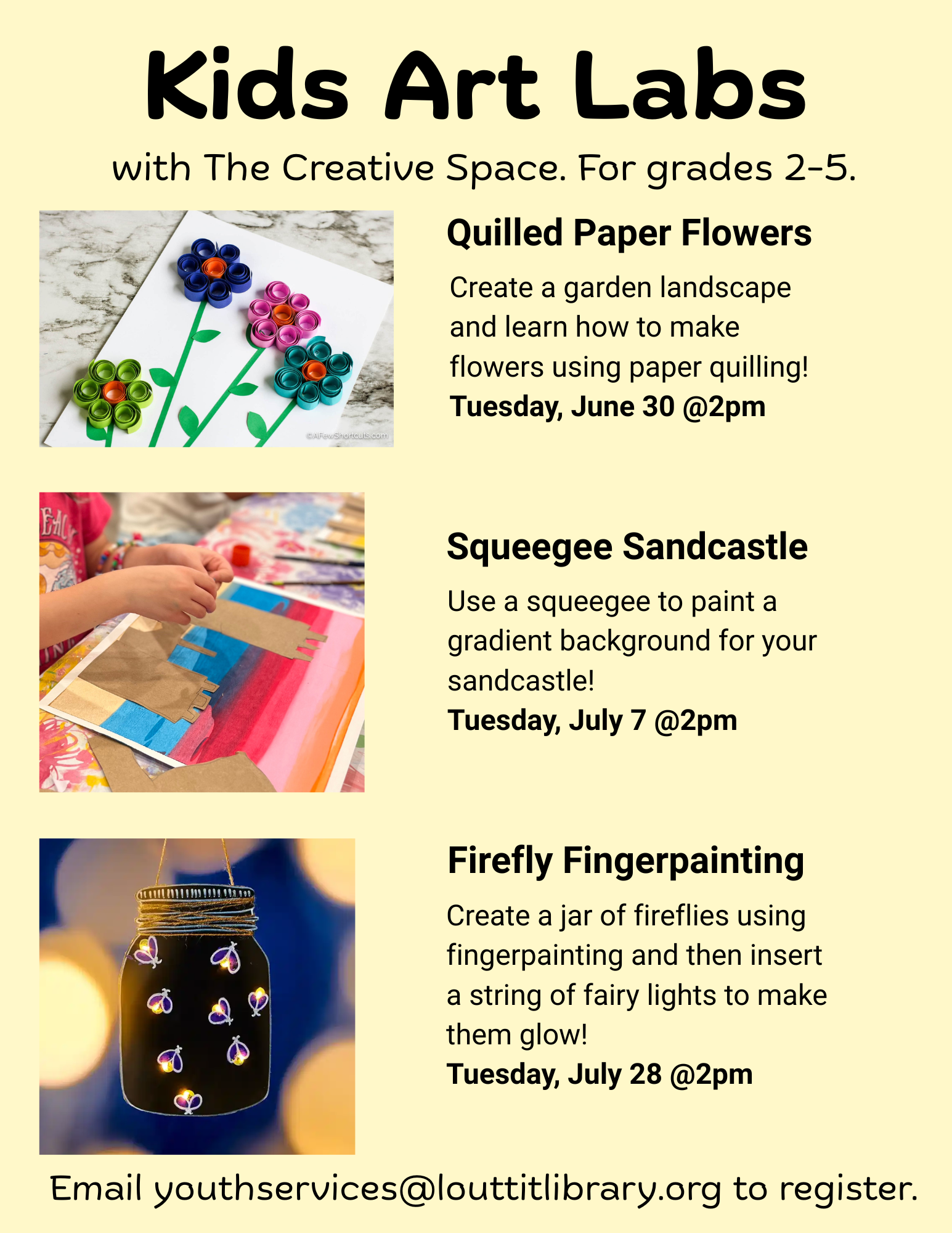 Kid's Art Lab flier with descriptions of each event