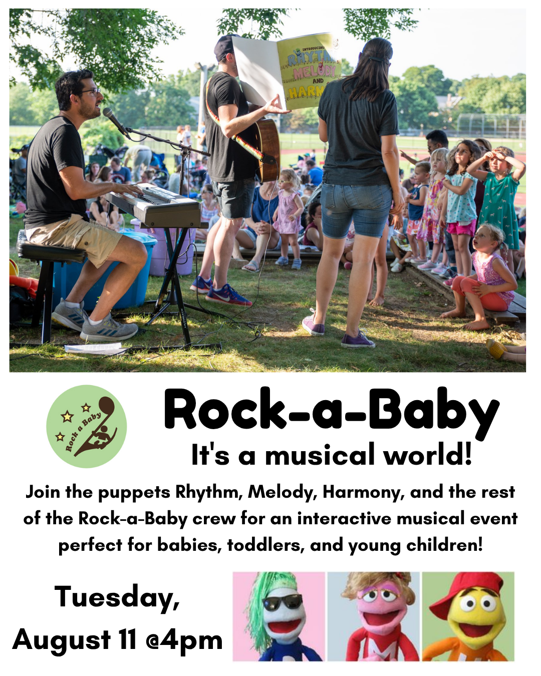 Rock-a-Baby flier, image of band and puppets