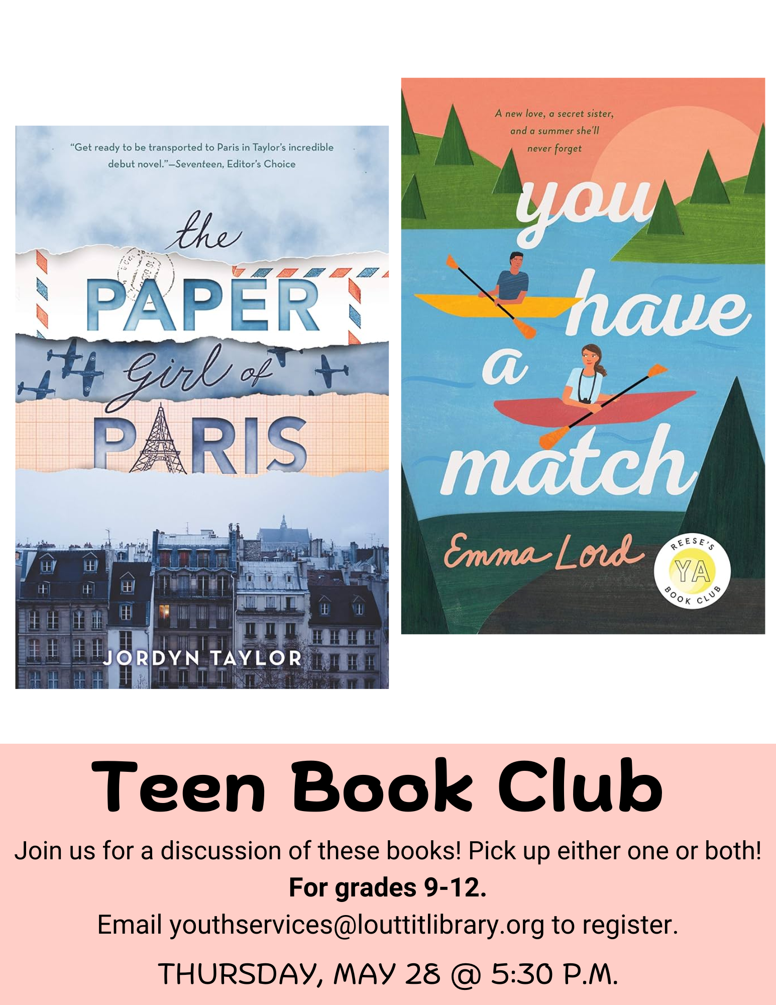 Teen Book Club flier, book cover images