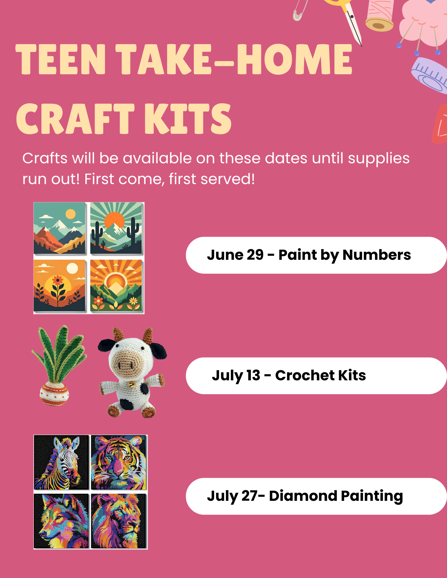 Teen take home crafts with flier with images of crafts and availability dates.