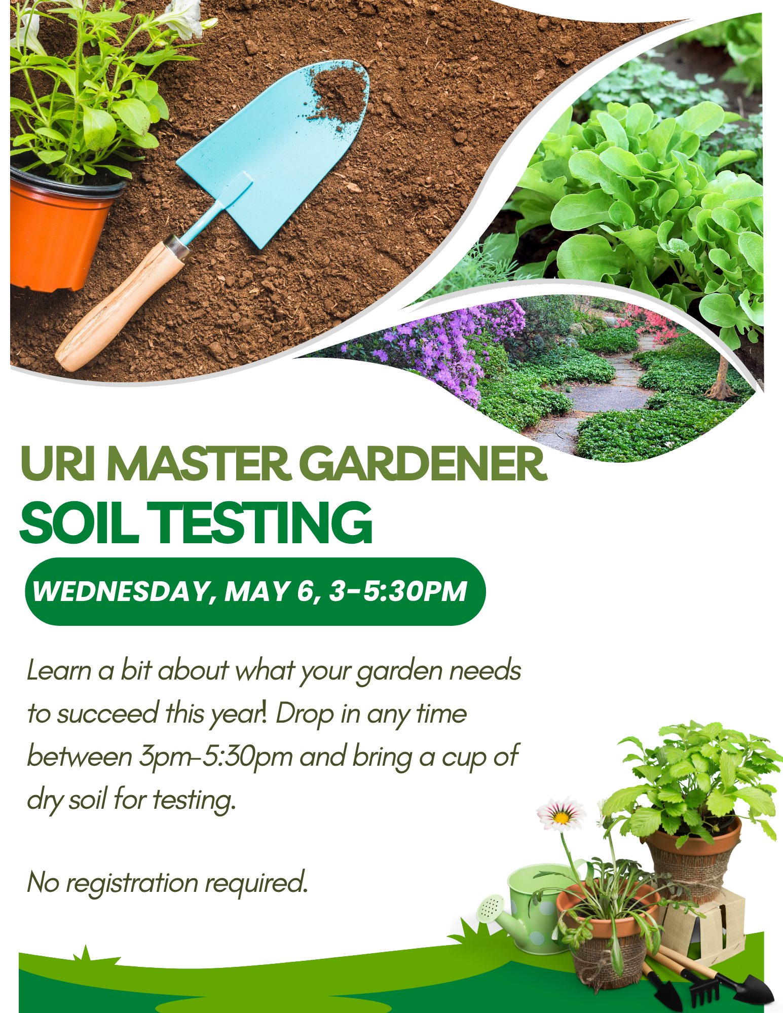 Soil testing flier, images of plants and gardening tools