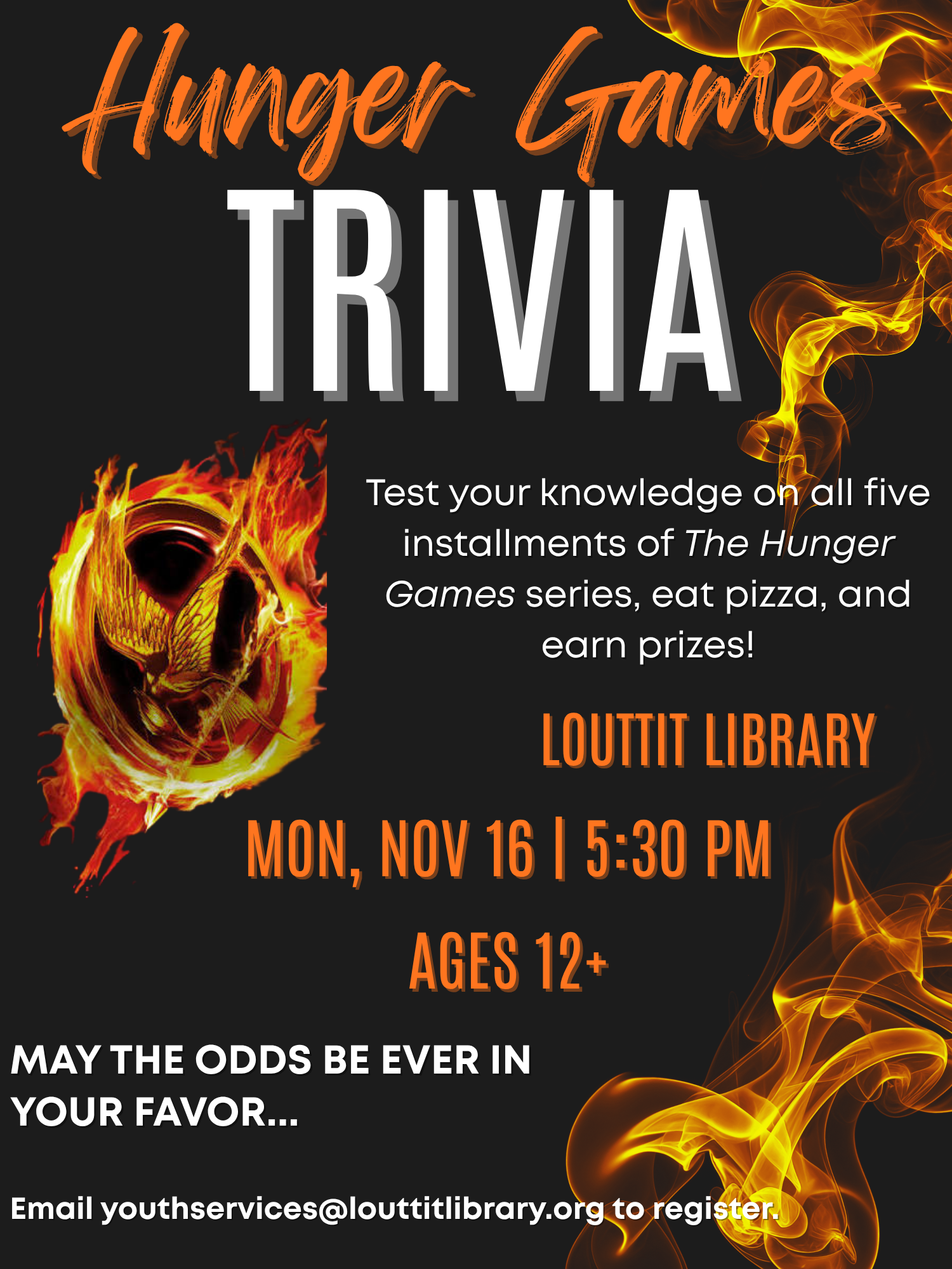 Hunger Games Trivia flier, mockingjay and flames