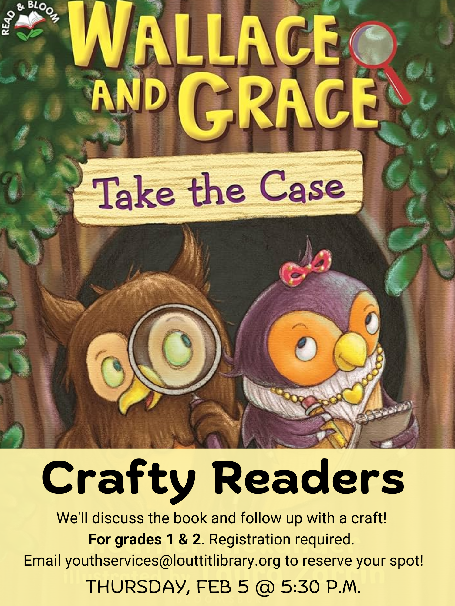 Flier advertising the Crafty Readers book club with a photo the pick for the next meeting: "Wallace and Grace Take the Case" by Heather Alexander.