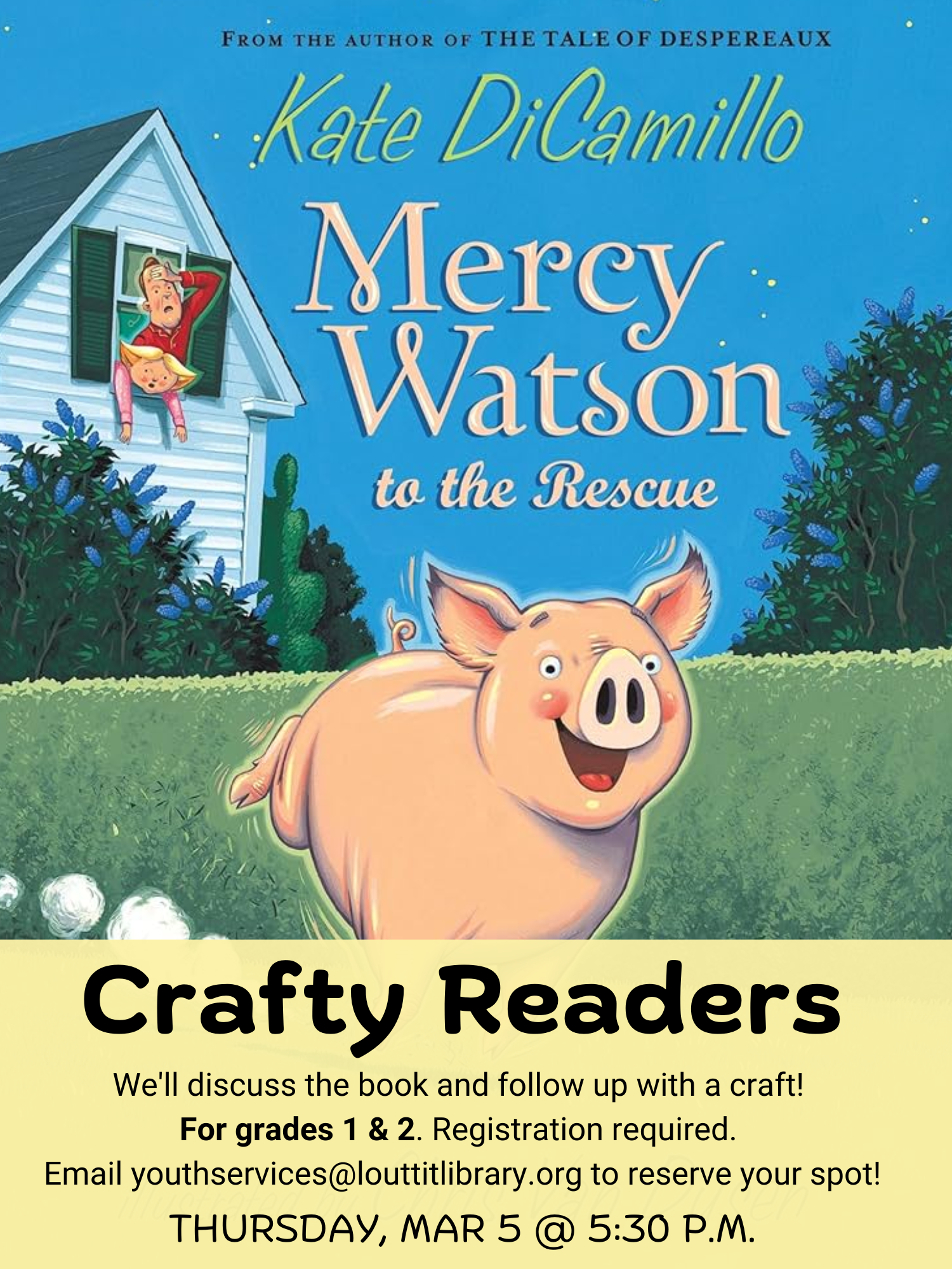 Flier for the Crafty Readers meeting on Thursday, March 5th at 5:30pm.