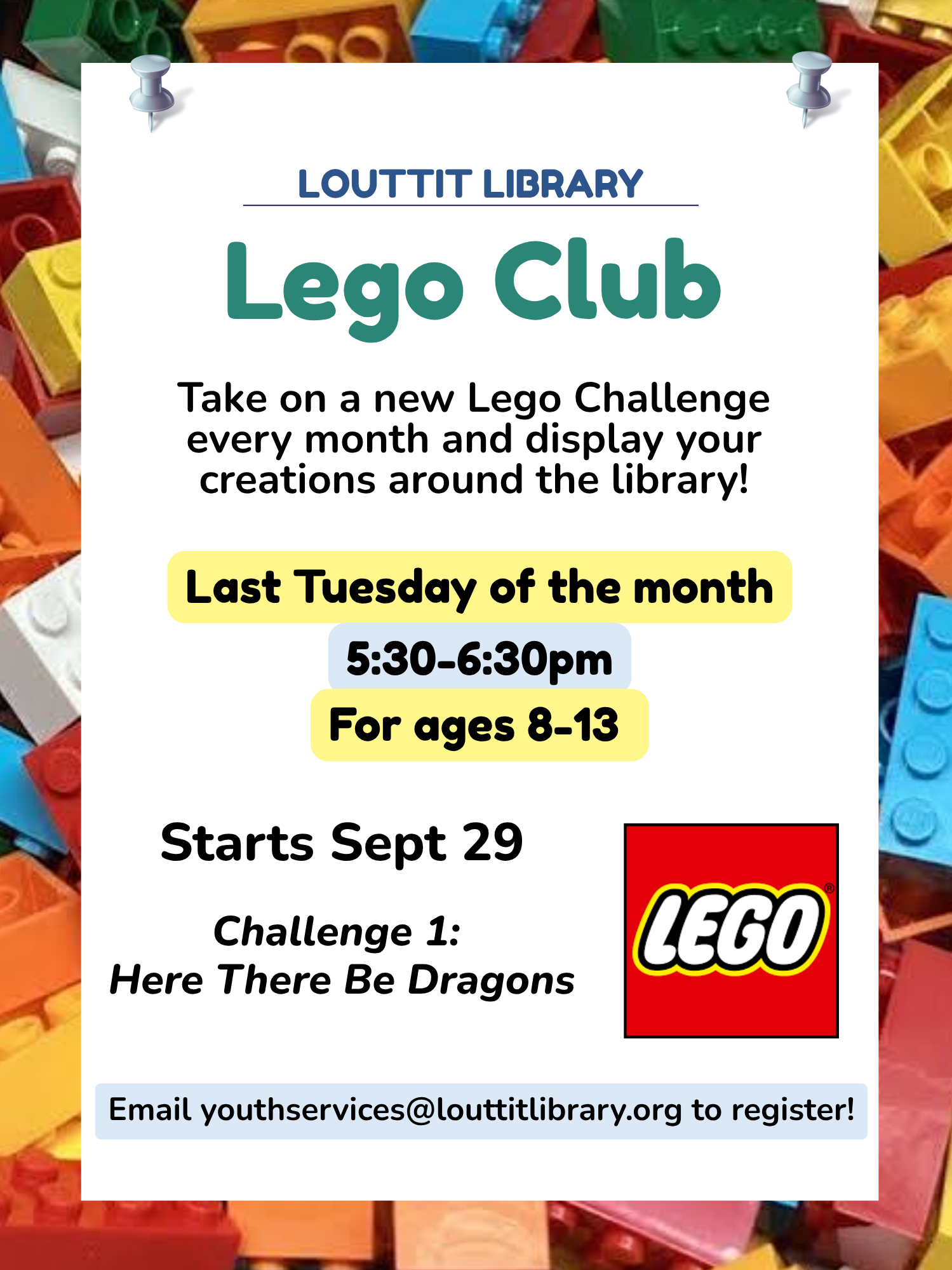 Lego Club flier, images of blocks and red lego logo
