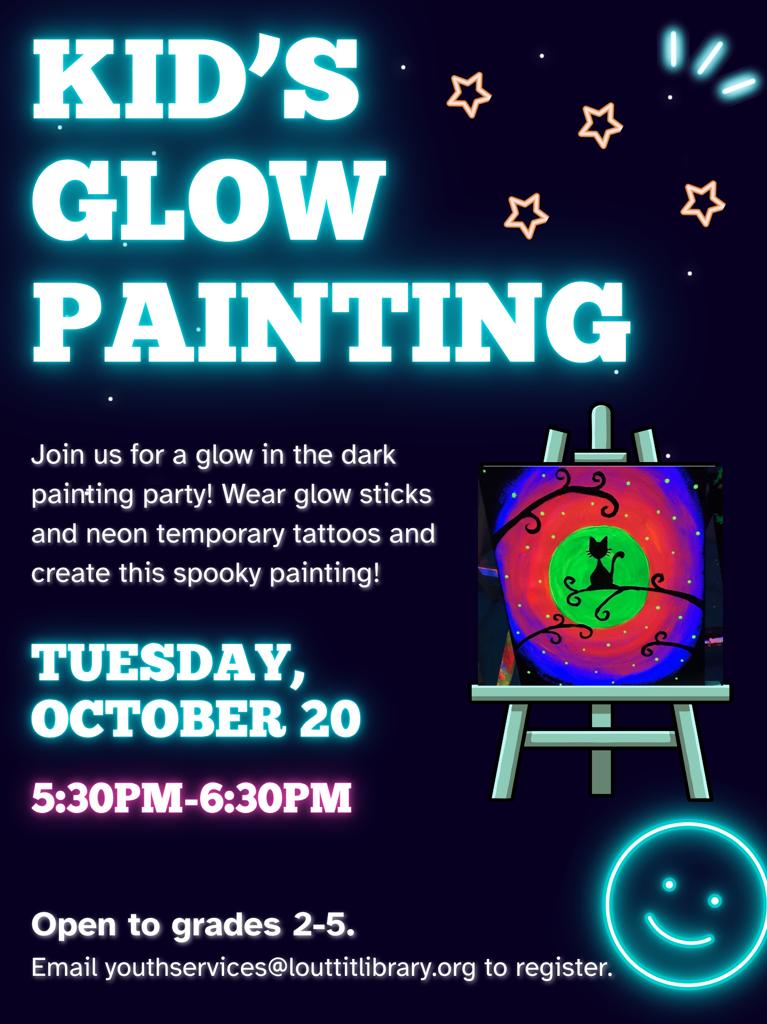 Kid's Glow Painting flier with image of spooky neon cat painting