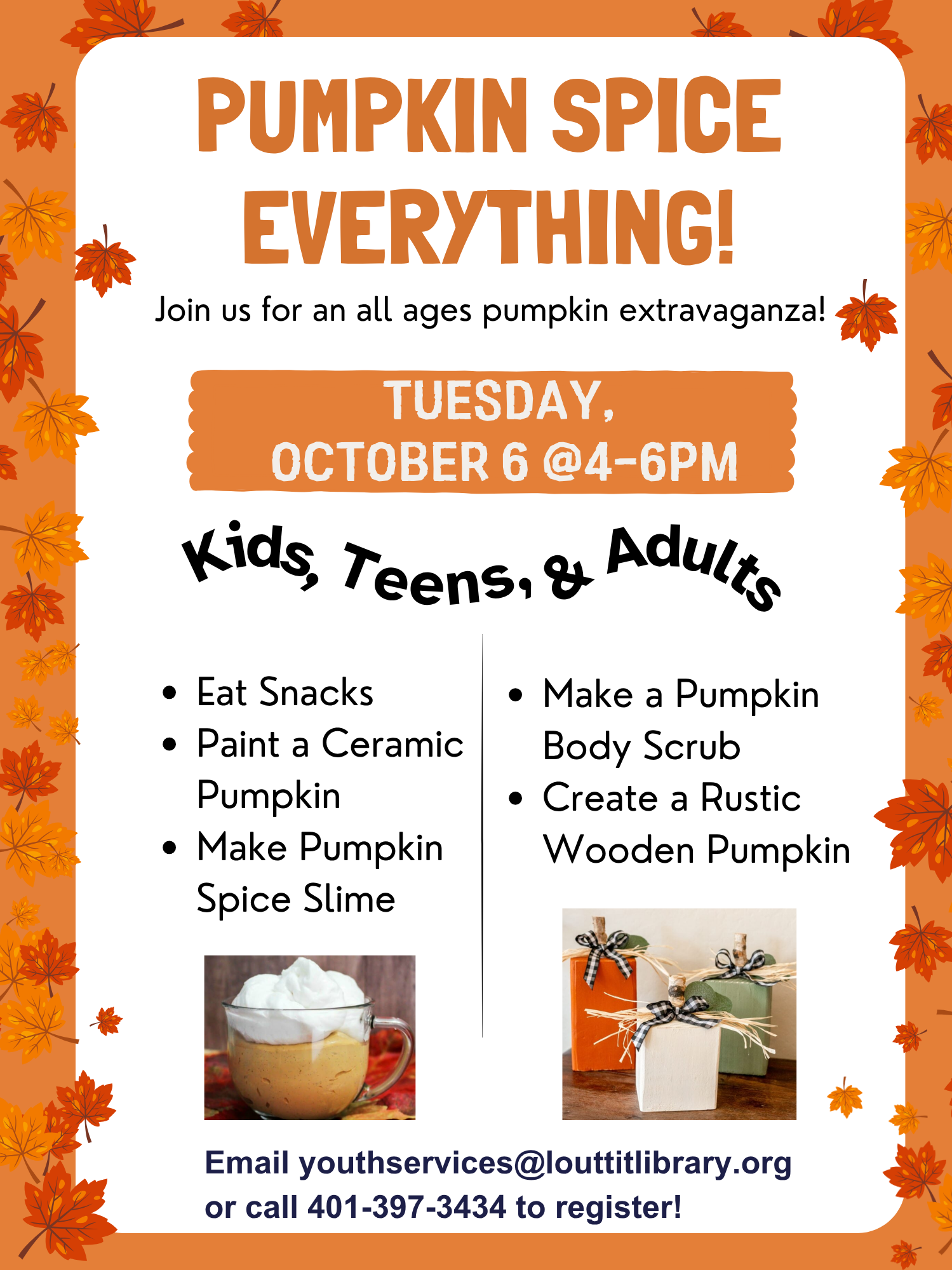 Pumpkin Spice Everything flier, images on pumpkin slime and wooden pumpkins