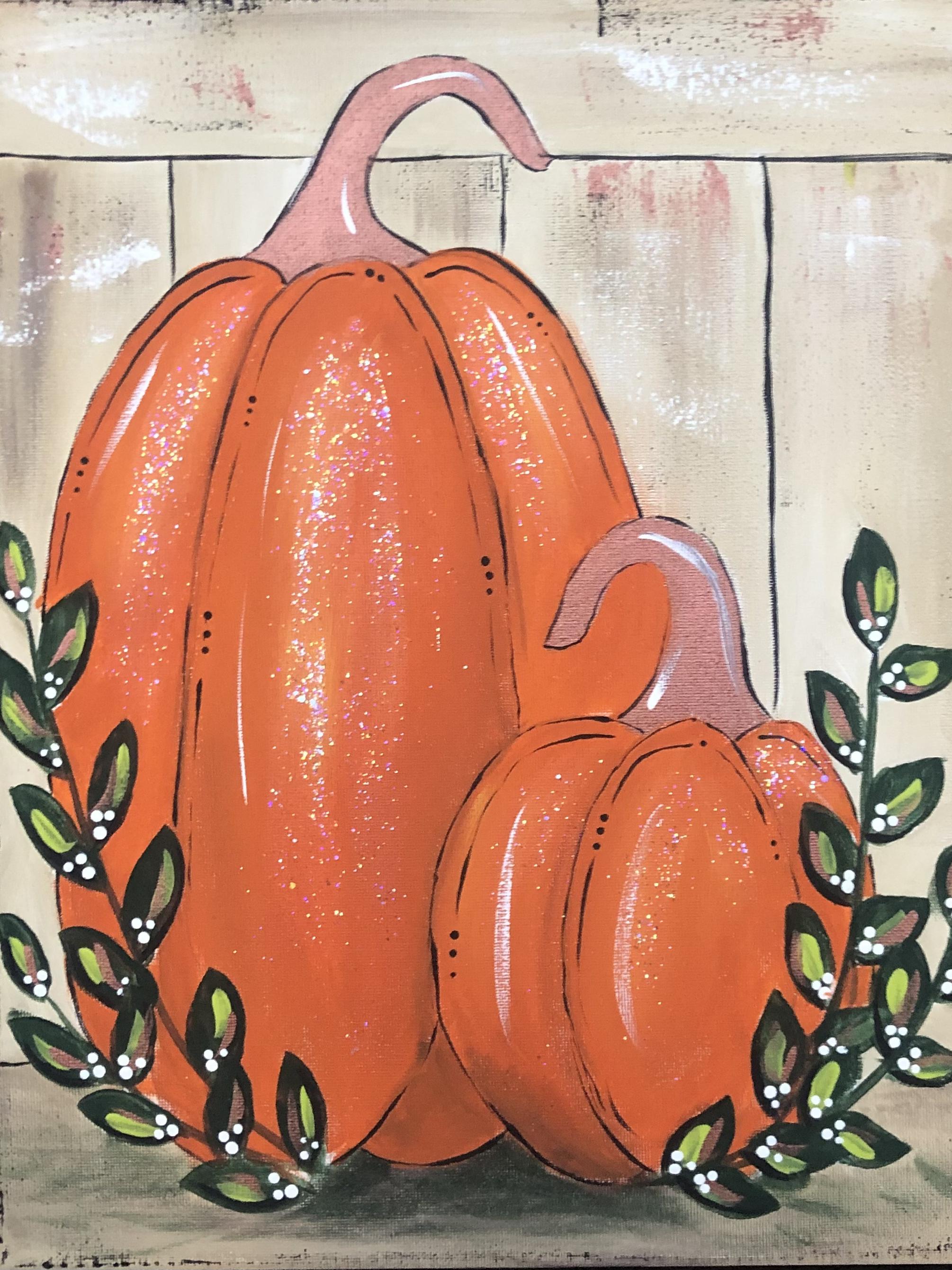 painting of two pumpkins and vines