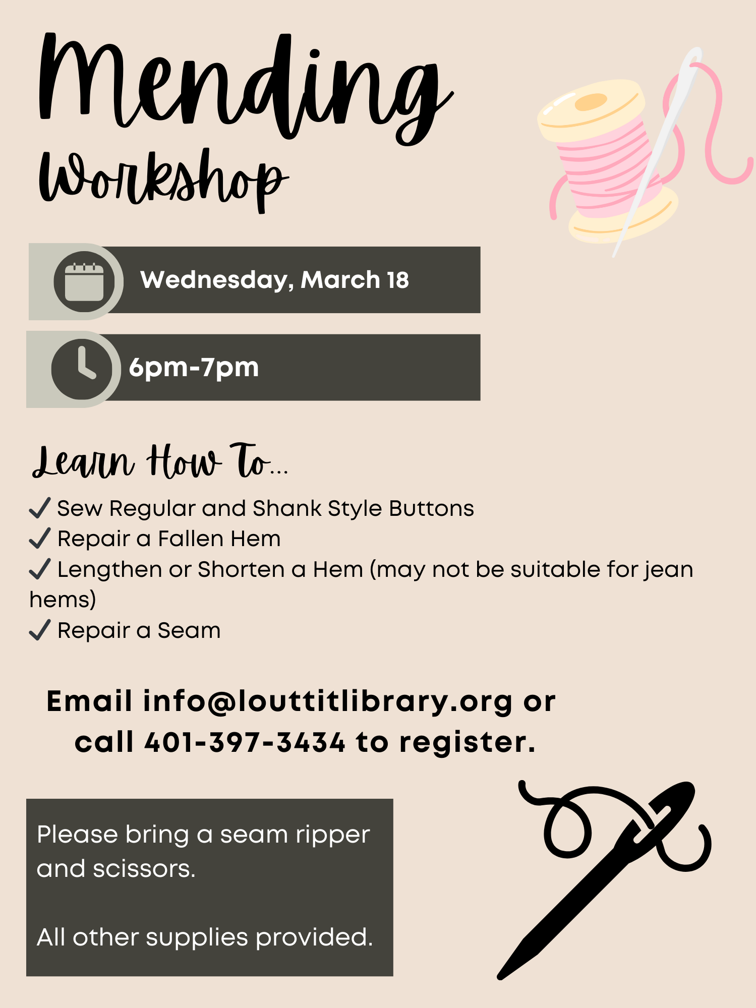 Mending Workshop flier with images of needle and thread.