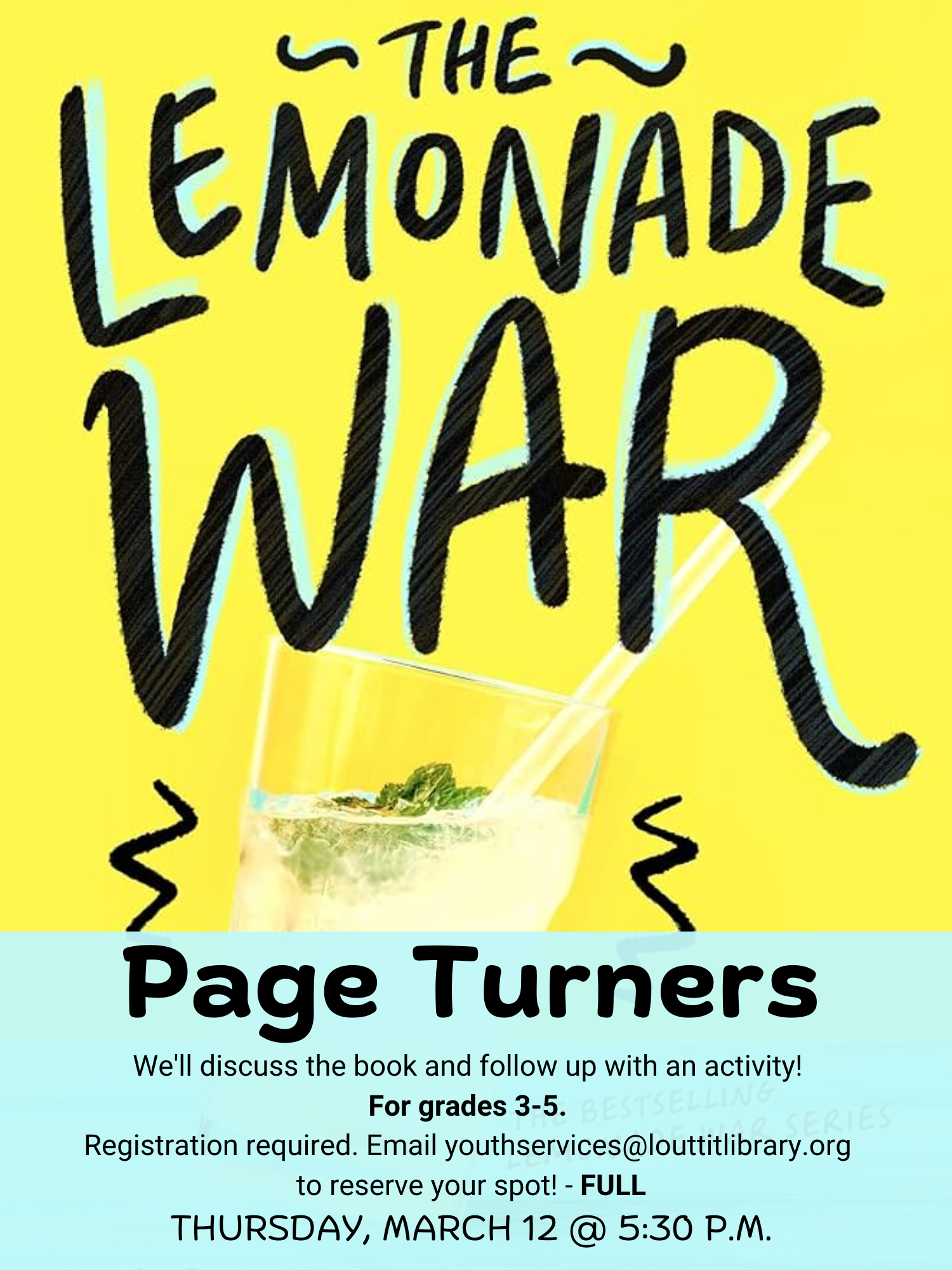 Flier for Page Turners book club with image of The Lemonade War by Jacqueline Davies.