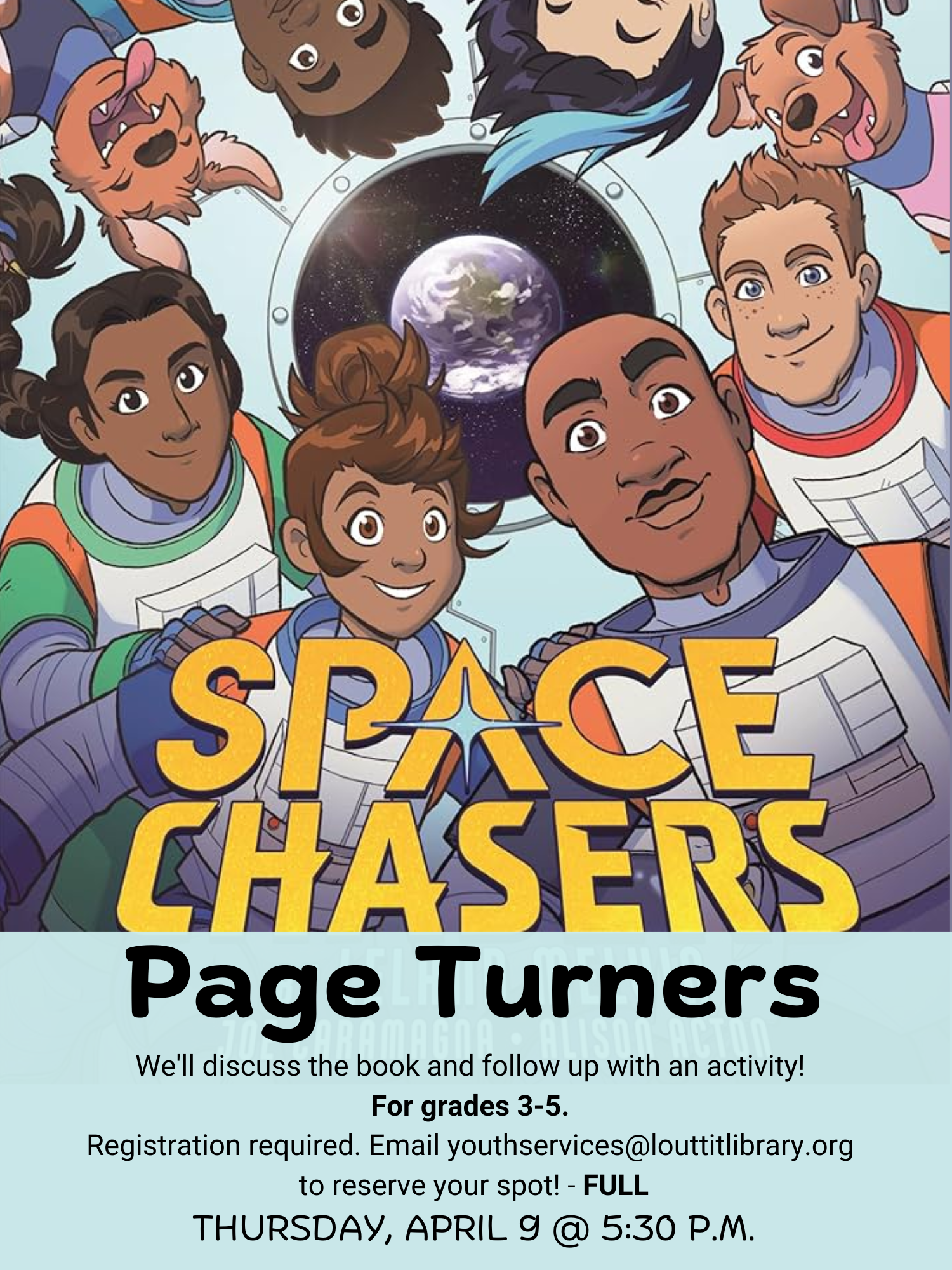Page Turners flier, Space Chasers by Leland Melvin