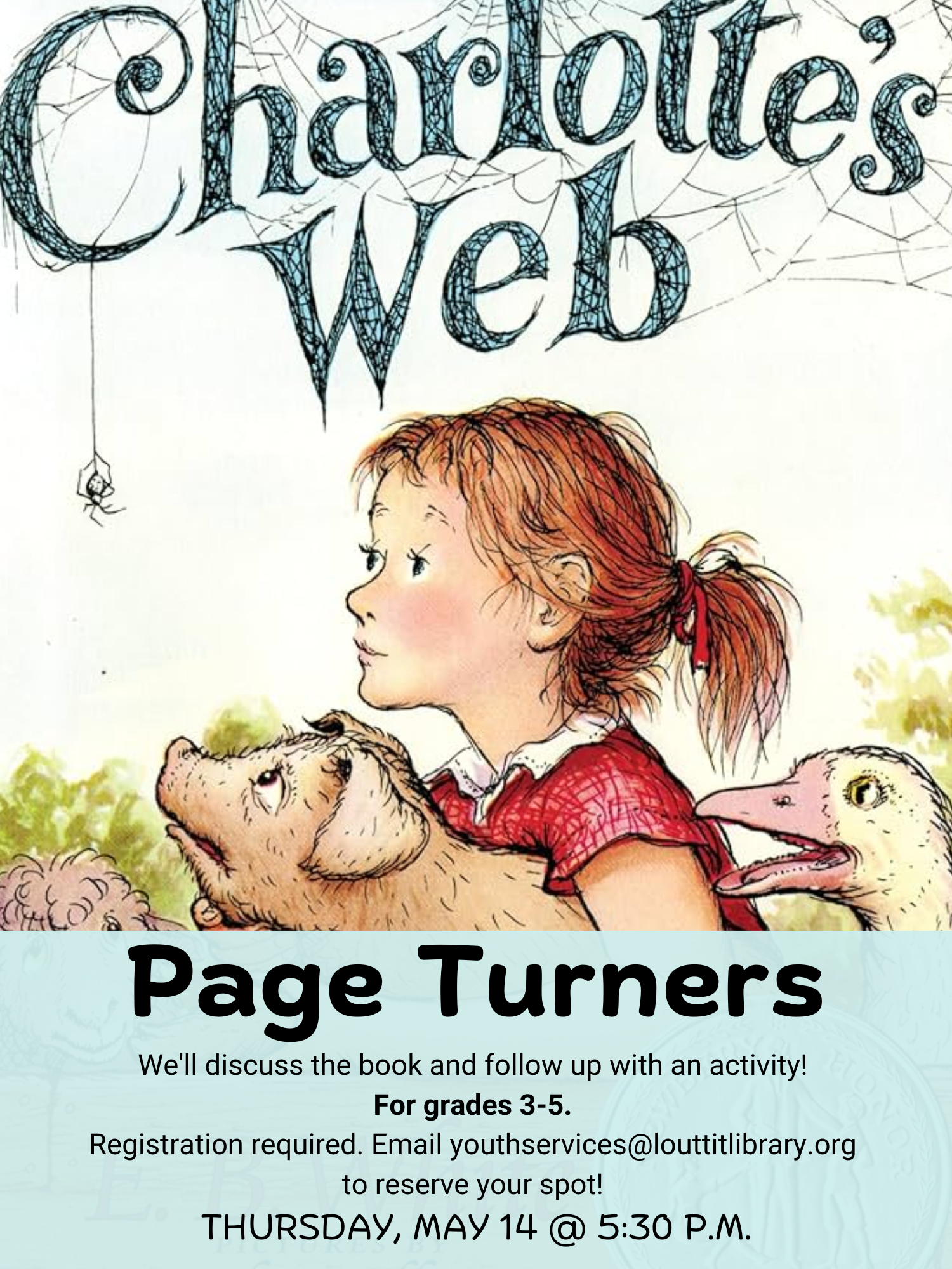 Page Turners flier, Charlotte's Web by E.B. White