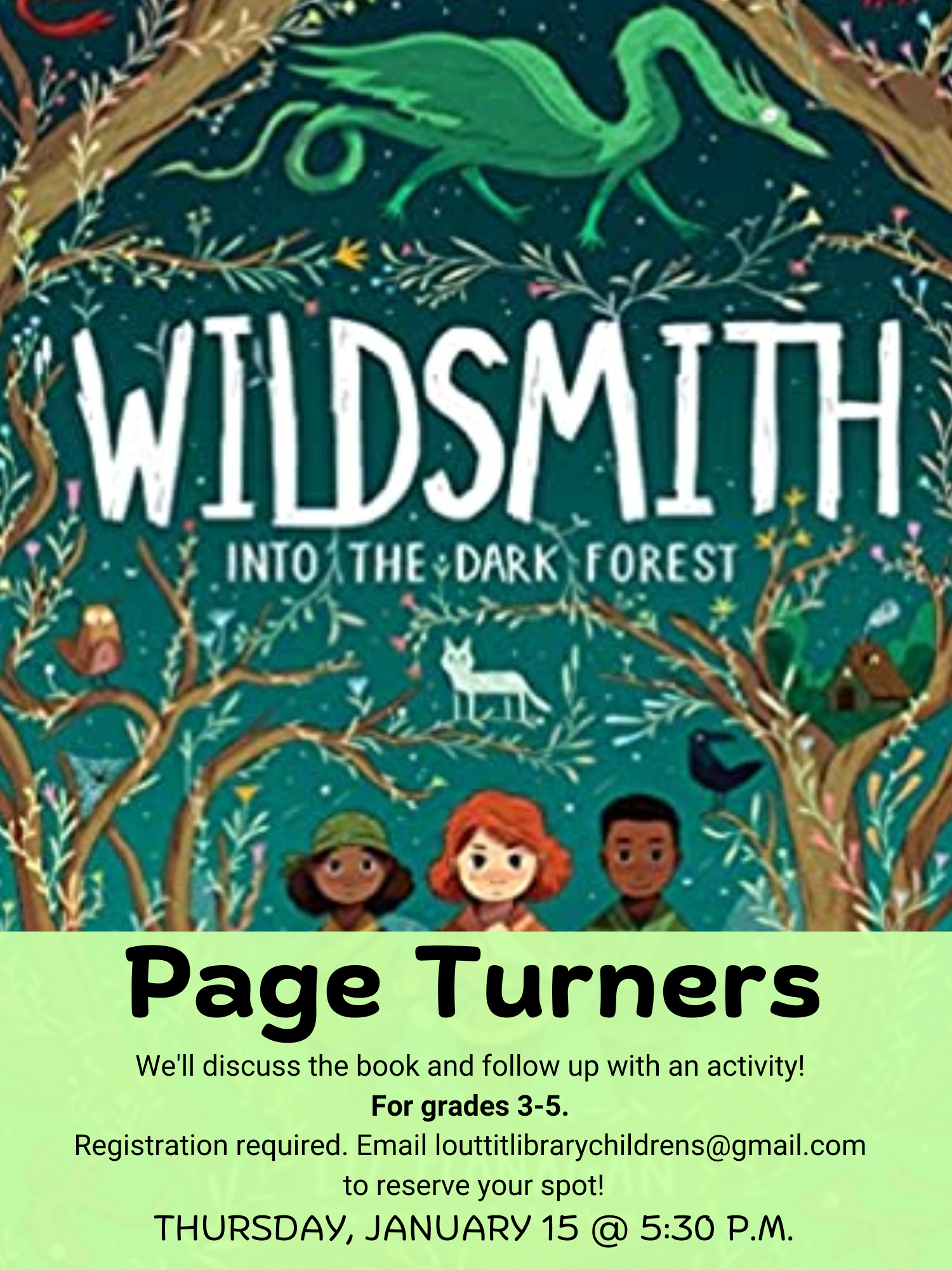 Page Turners book club flier for our discussion of "Wildsmith" by Liz Flanagan on January 15.