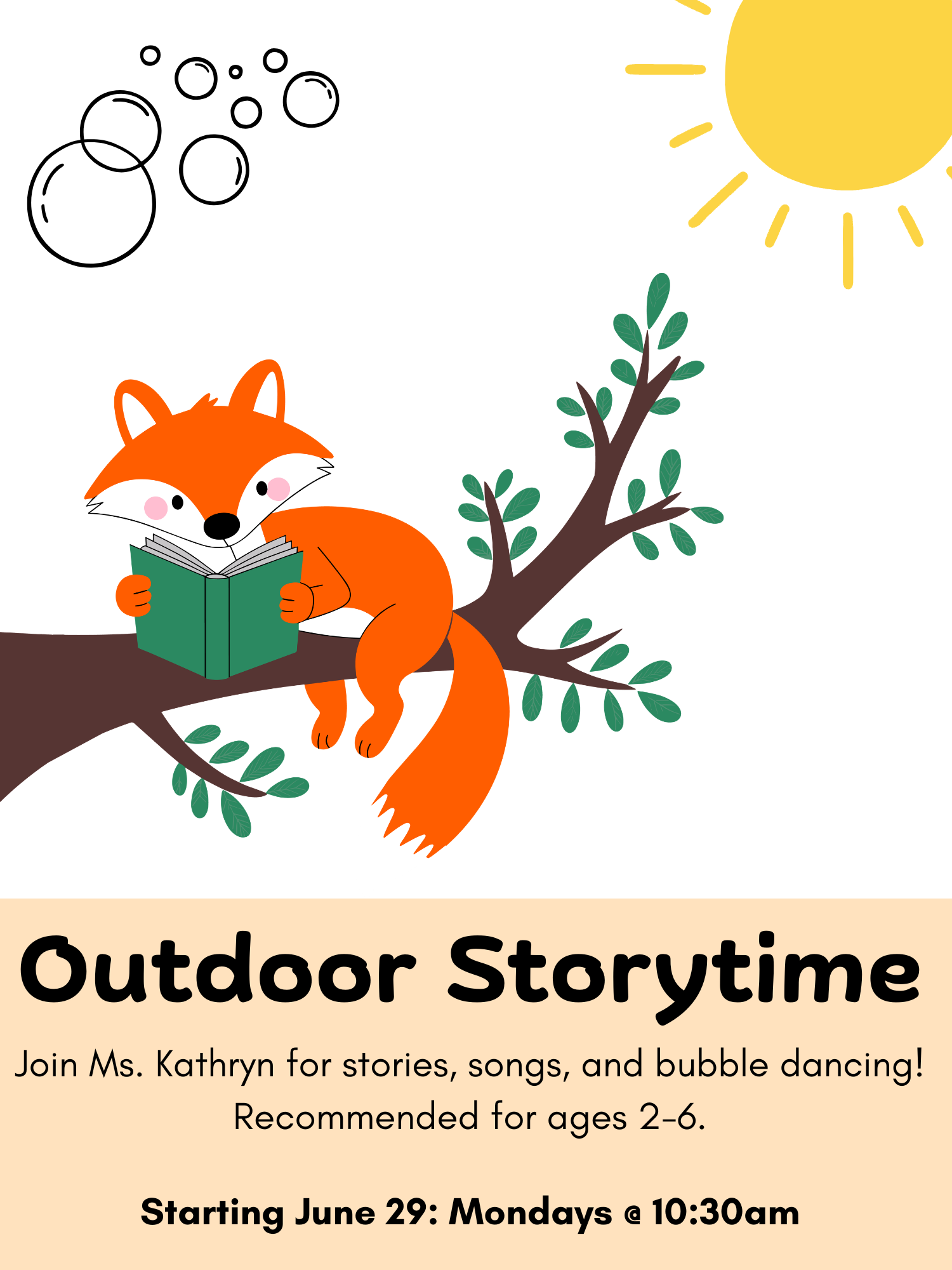Outdoor Storytime, fox reading in a tree