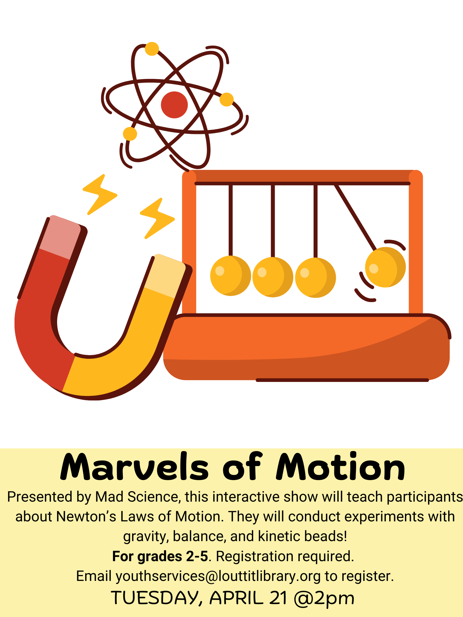 Marvels of Motion flier with images of a magnet and kinetic beads.