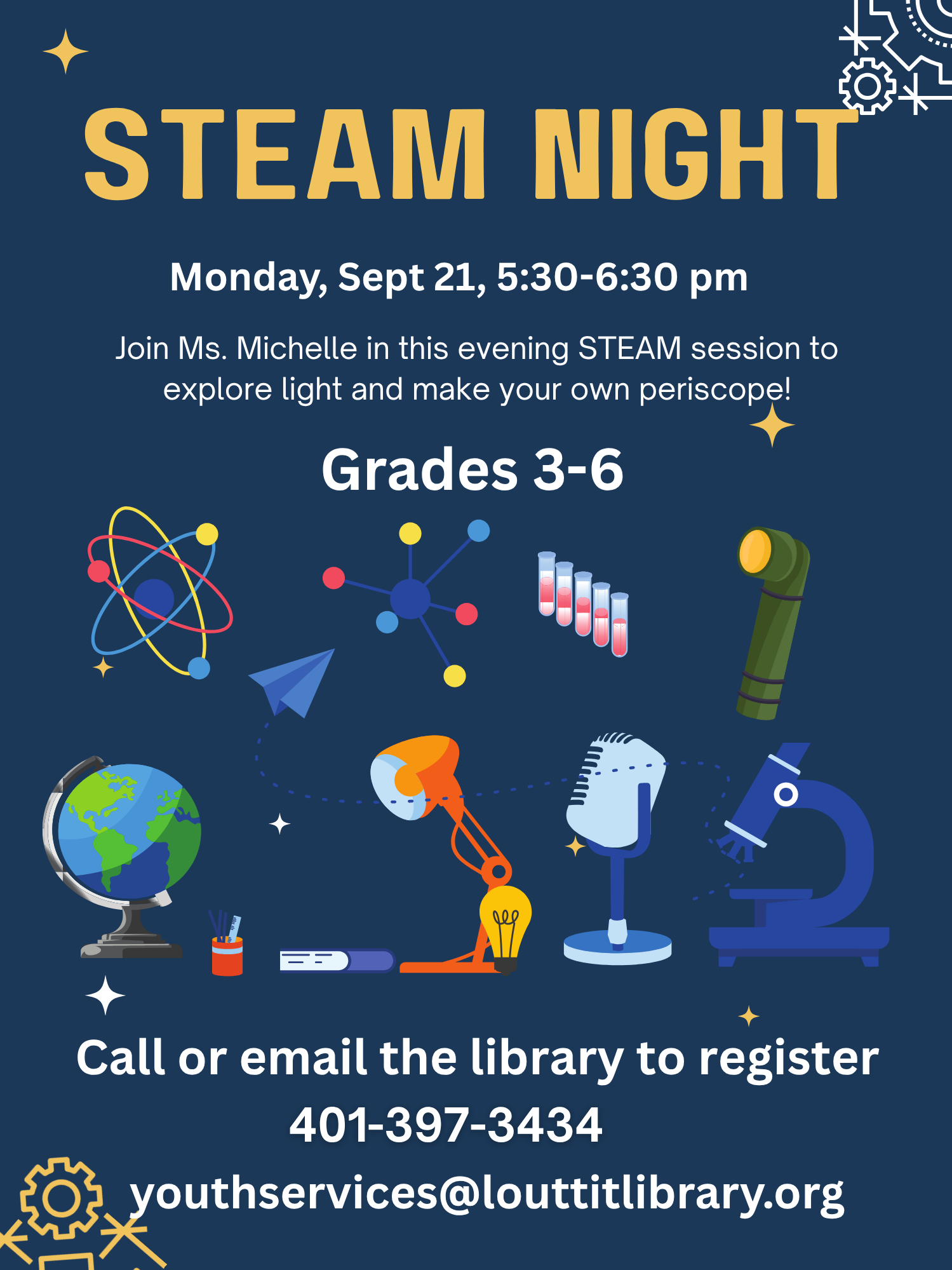 Steam Night flier, images of globe, lightbulb, microscope