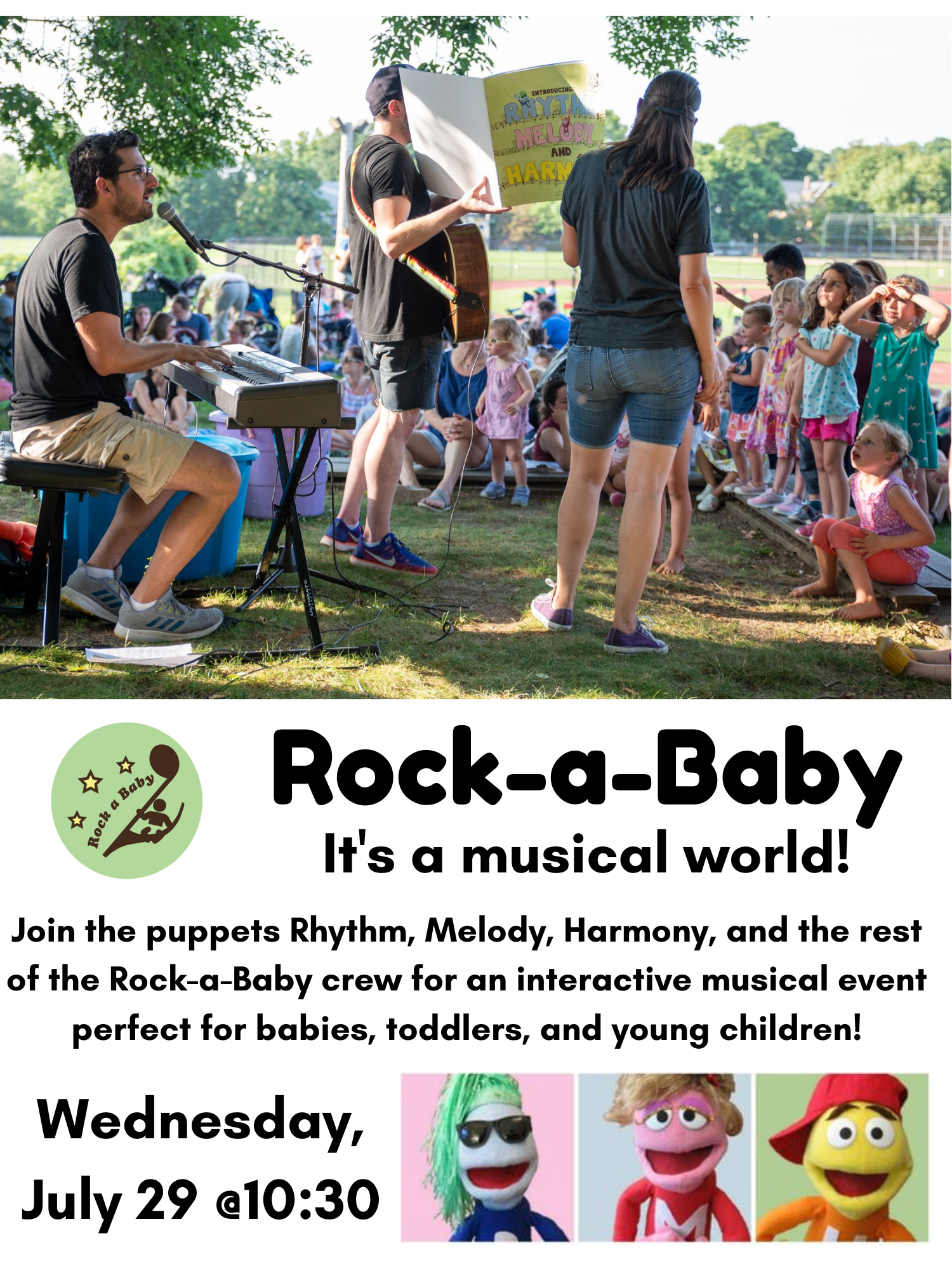 Rock A Baby flier, photo of band and puppets