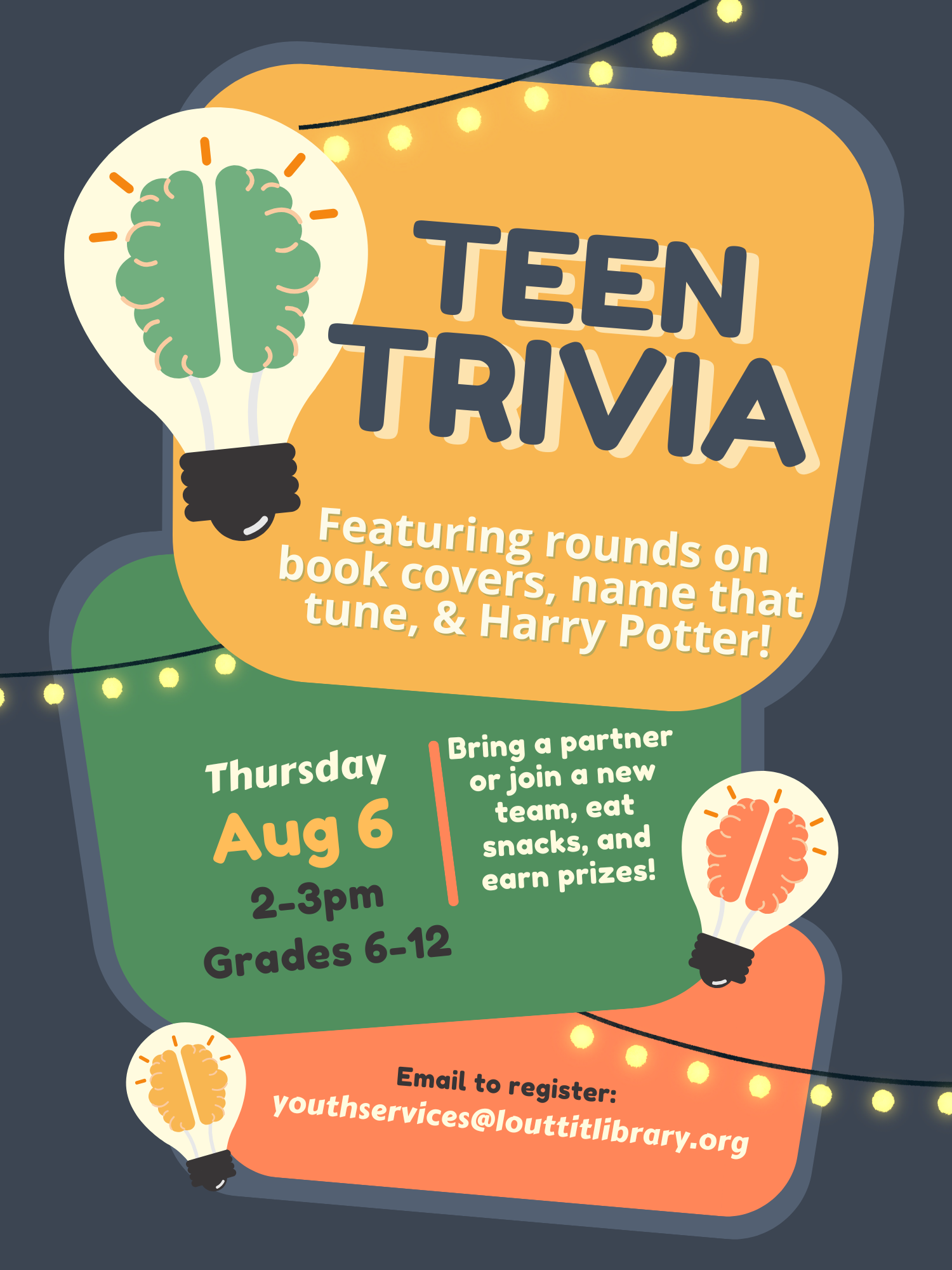 Teen Trivia flier, lightbulbs and string lights
