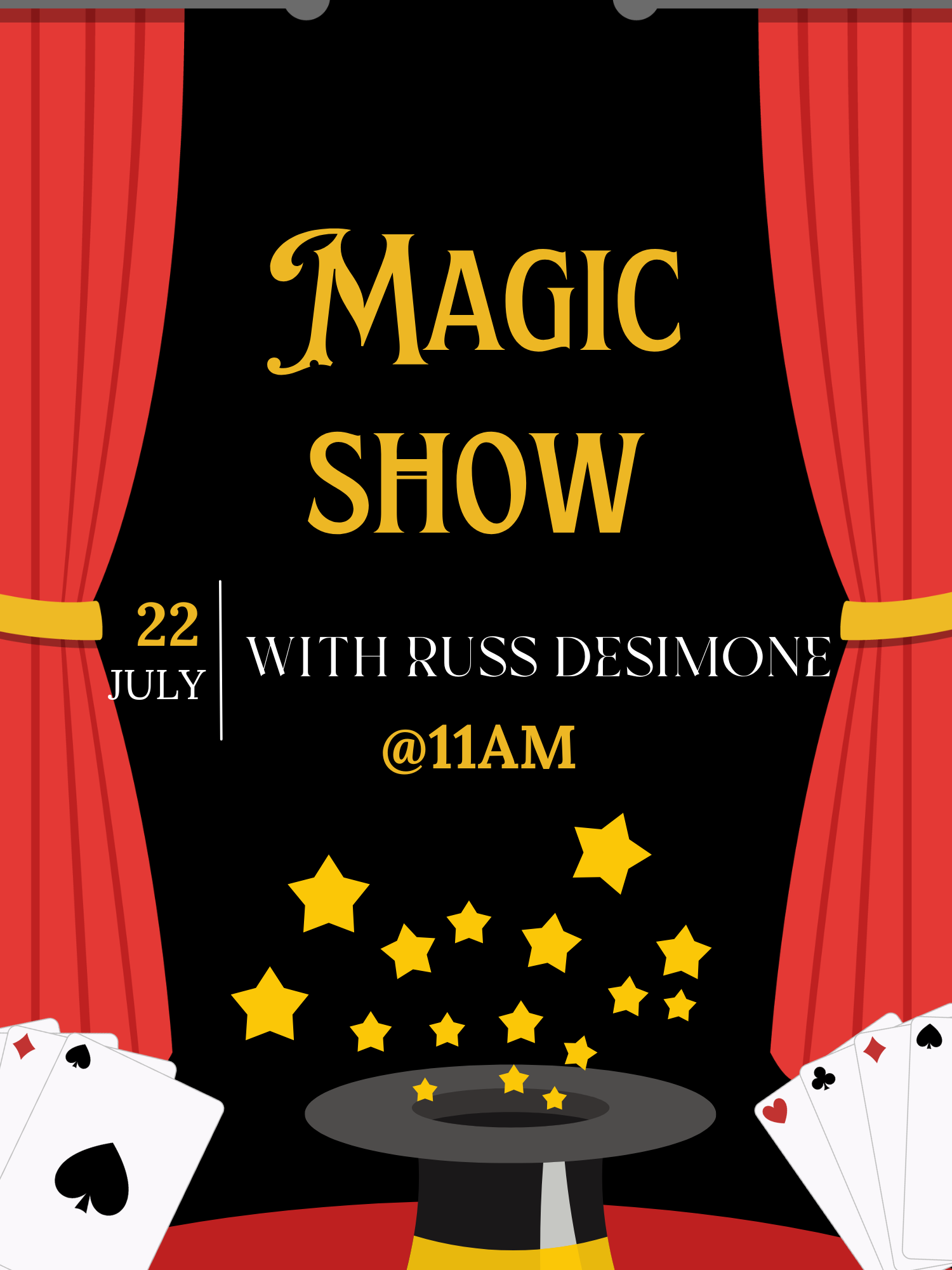 Magic show flier with playing cards and black top hat.