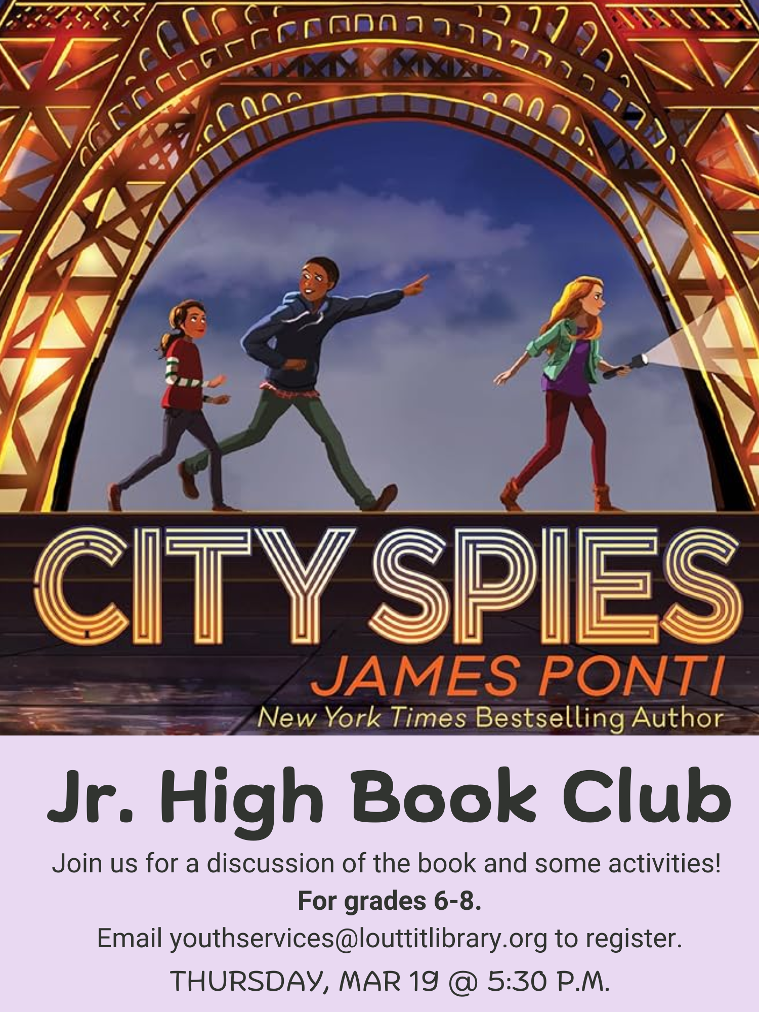Flier with image of City Spies by James Ponti.