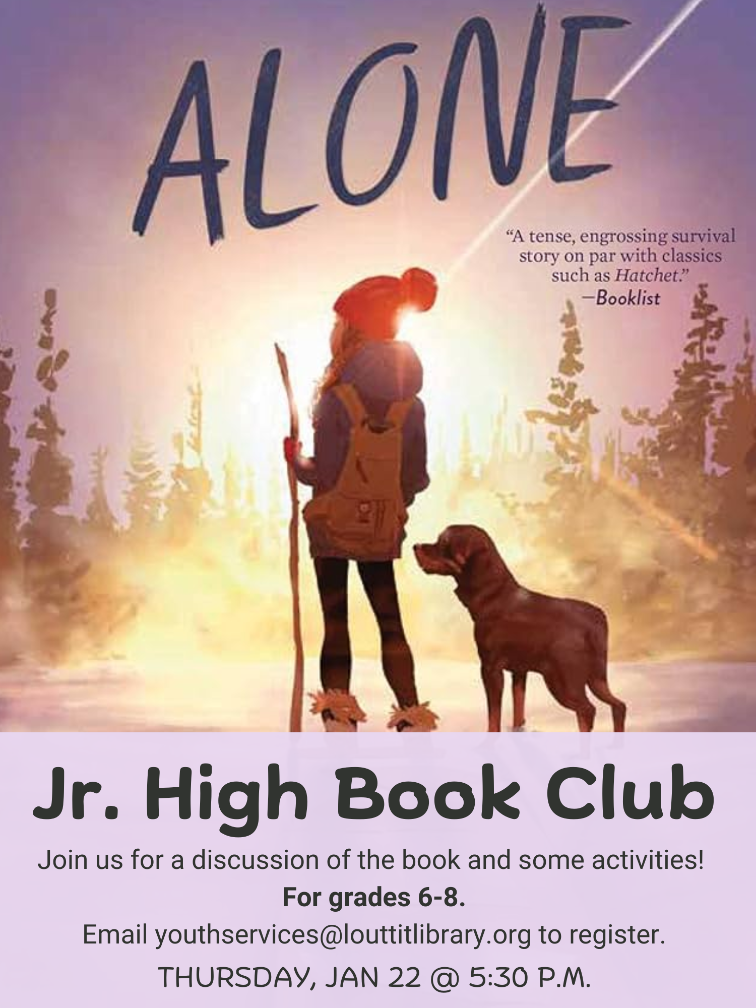 Jr. High Book Club flier for our discussion of "Alone" by Megan E. Freeman on January 22.