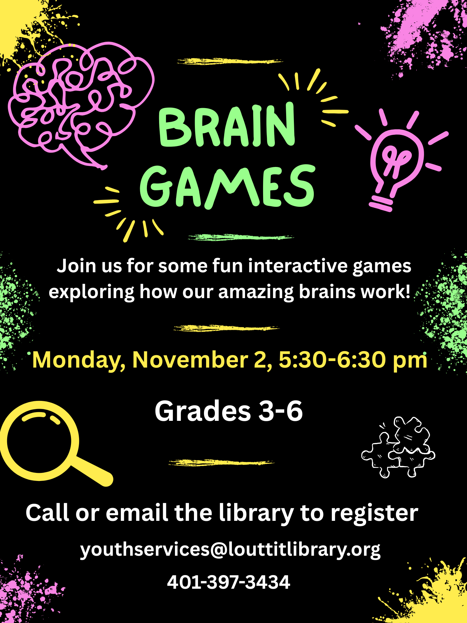 Brain Games flier, neon images of stem symbols