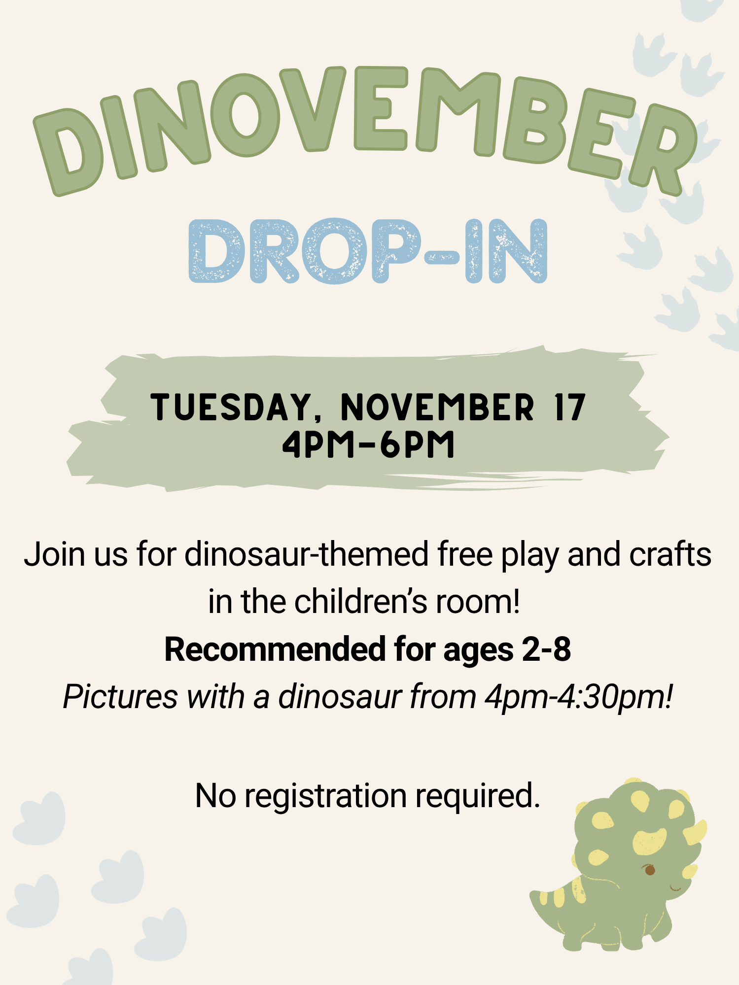 Dinovember Drop-In flier, image of dinosaur and footprints