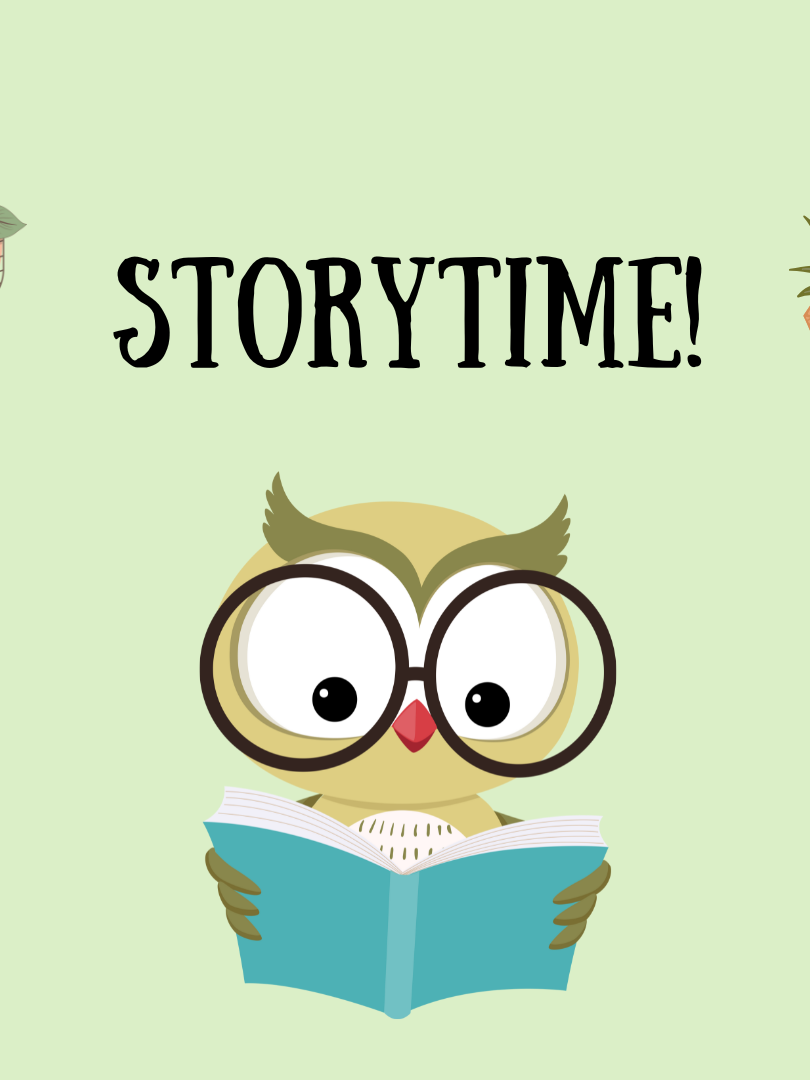 Graphic of an owl with glasses reading a book under the word "Storytime!"