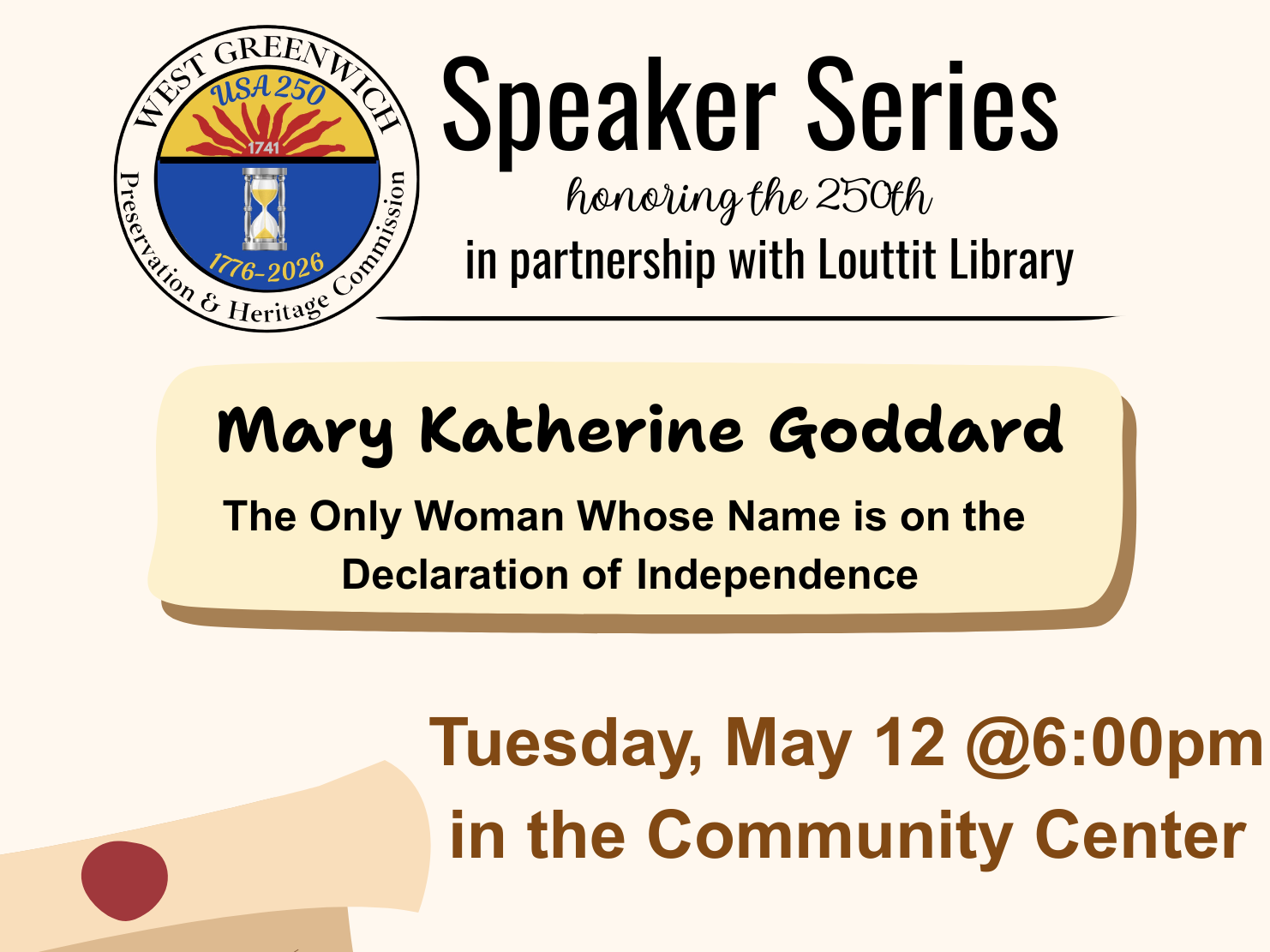 Mary Katherine Goddard flier, Speaker series logo