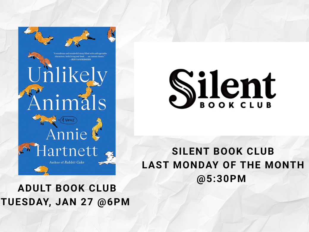 Flier advertising Silent Book Club and Adult Book Club