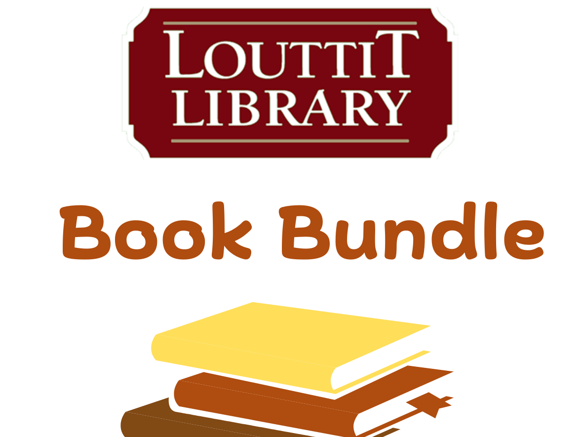 Book bundle logo with stack of books and library logo.